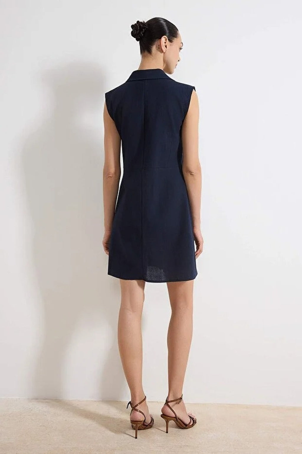Straight Cut Shirt Collar Linen-Look Mini Woven Dress
