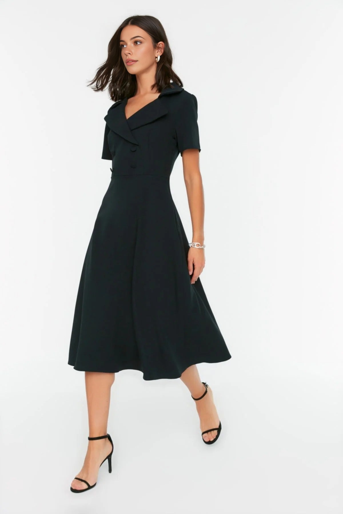 Button Detail Skater Fit and Flare Midi Woven Dress