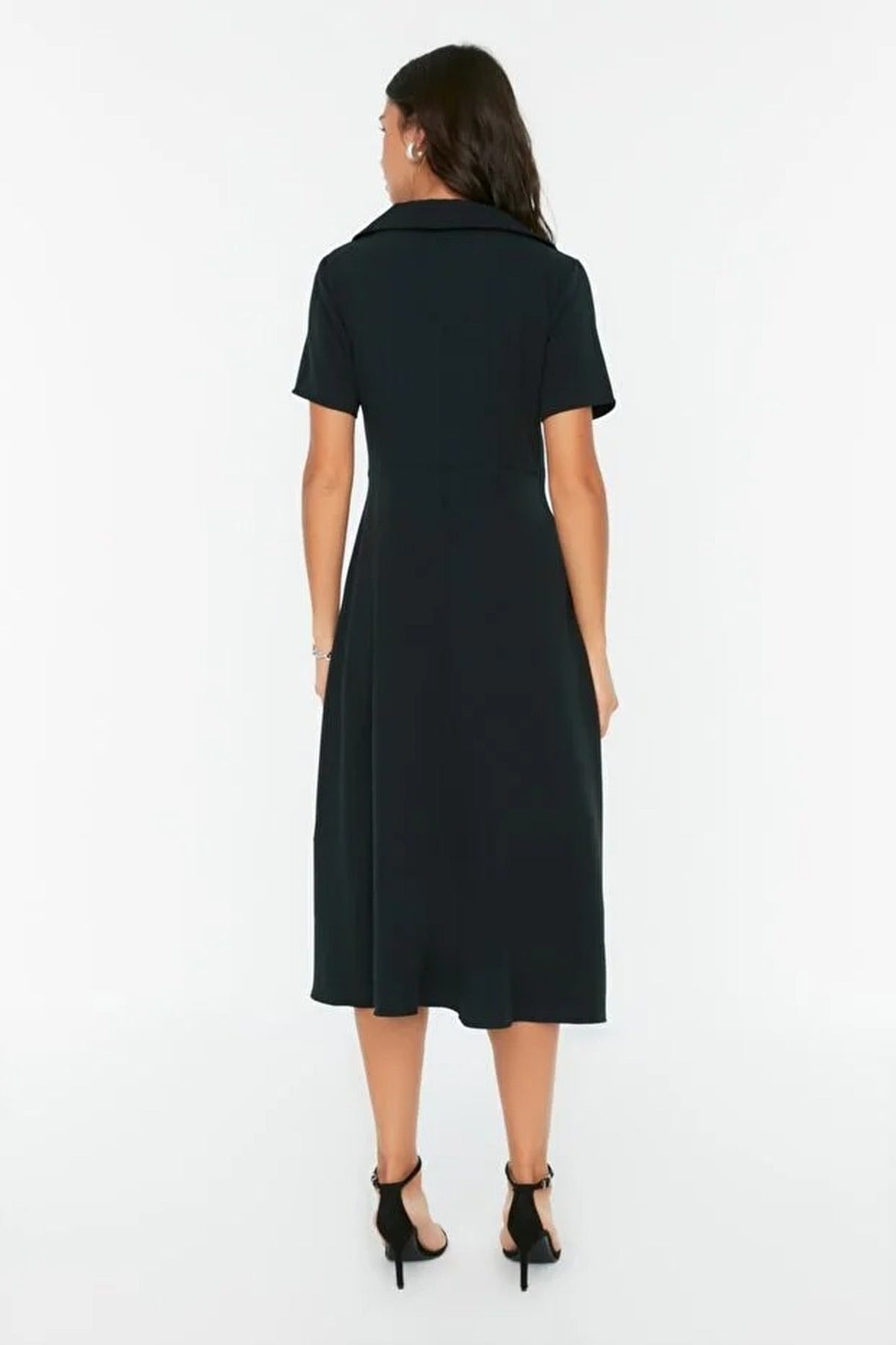 Button Detail Skater Fit and Flare Midi Woven Dress