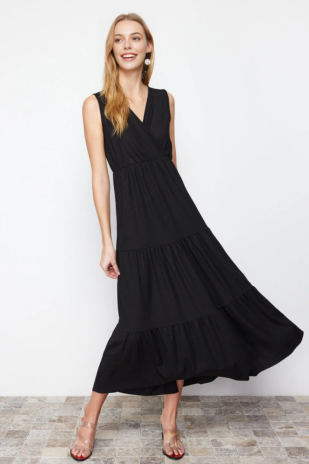 V-Neck Sleeveless A-Line Maxi Knit Dress