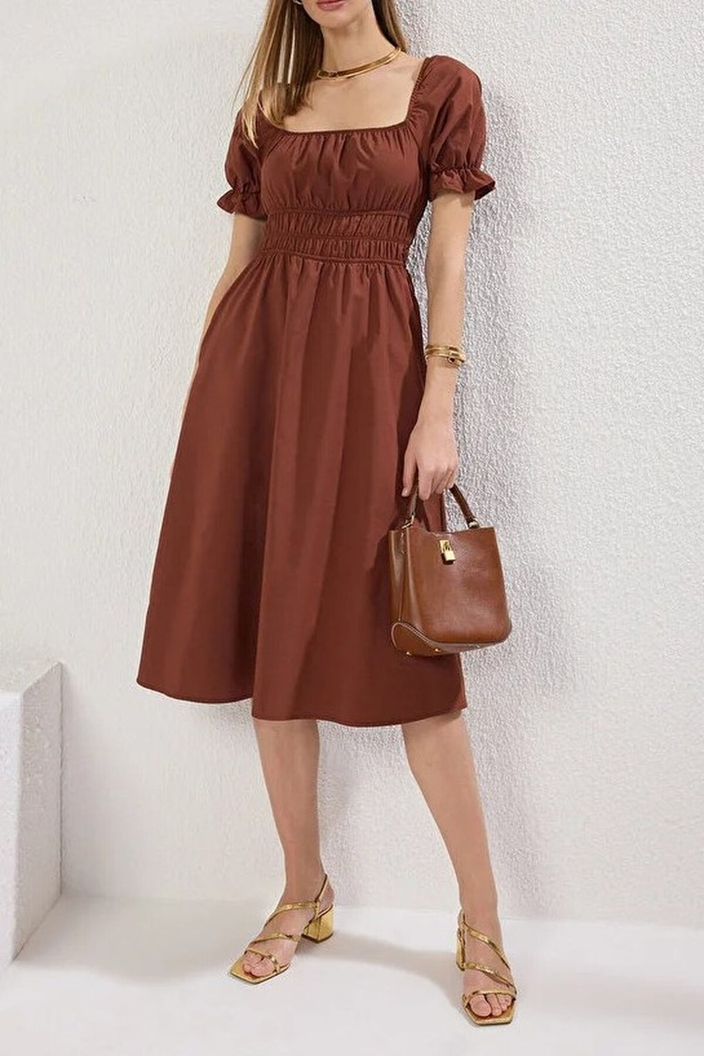 Skater Balloon Sleeve Lined Midi Woven