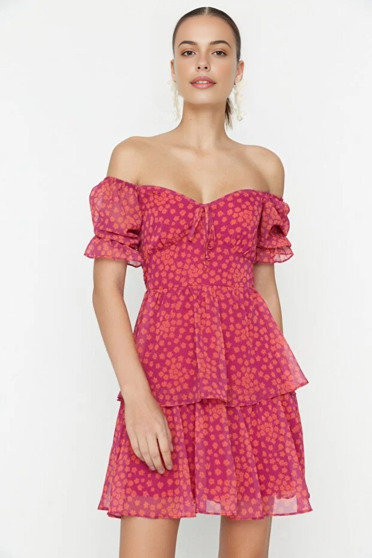 Floral Skater Chiffon Mini Lined Woven Dress with Ruffles