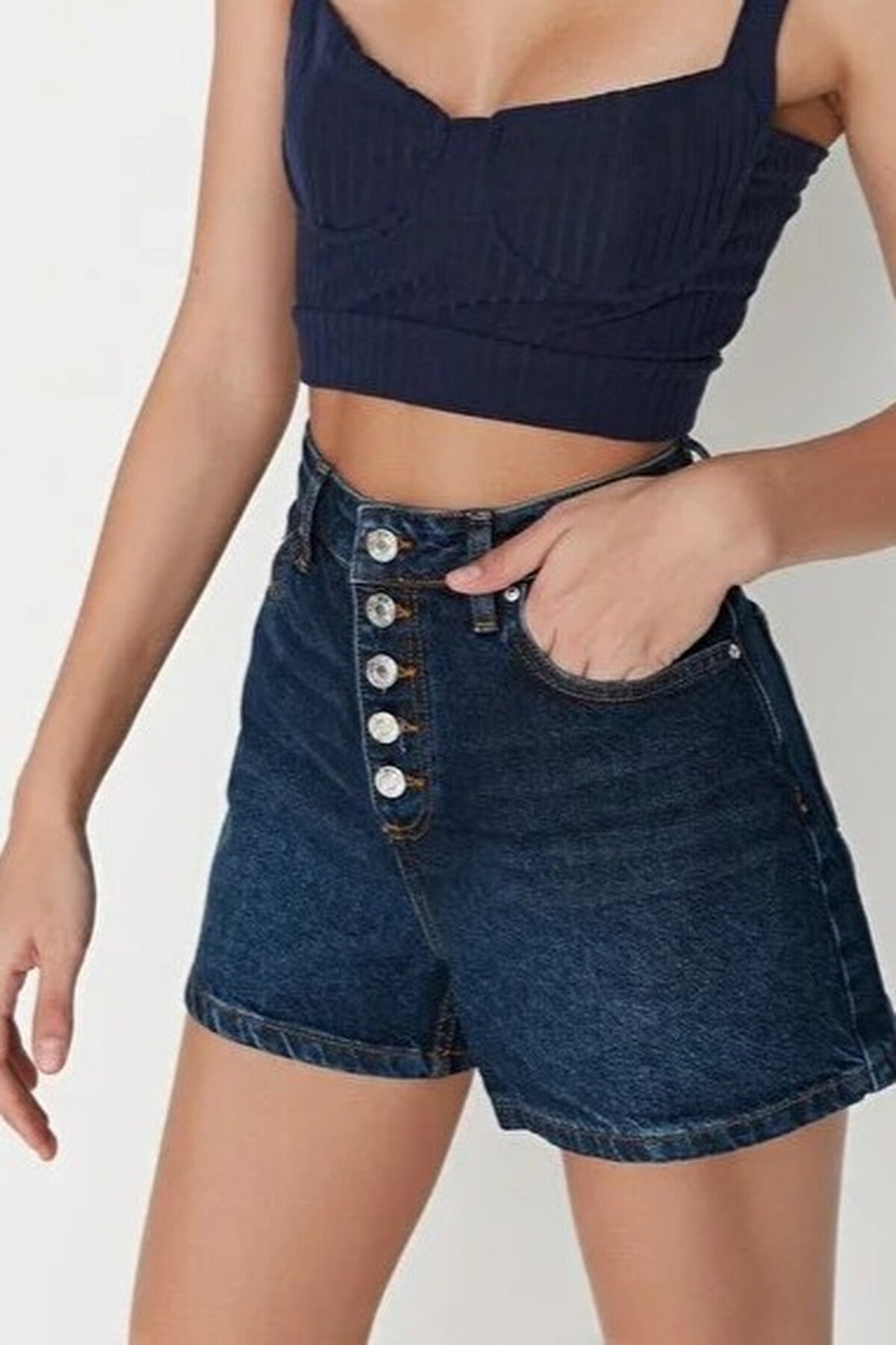 Front Button High Waist Mini Denim Shorts