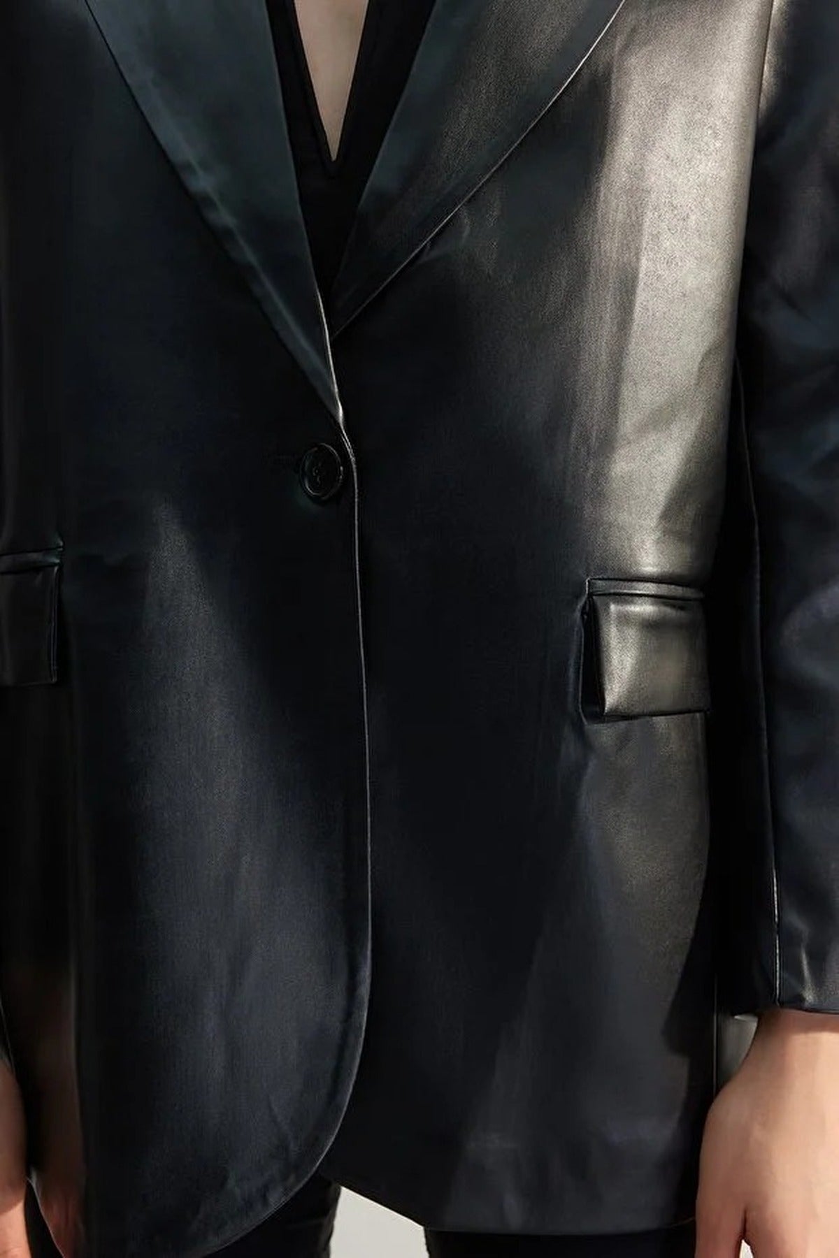 Woven Oversize Faux Leather Blazer Jacket