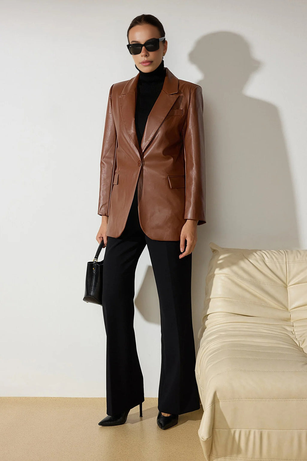 Woven Oversize Faux Leather Blazer Jacket