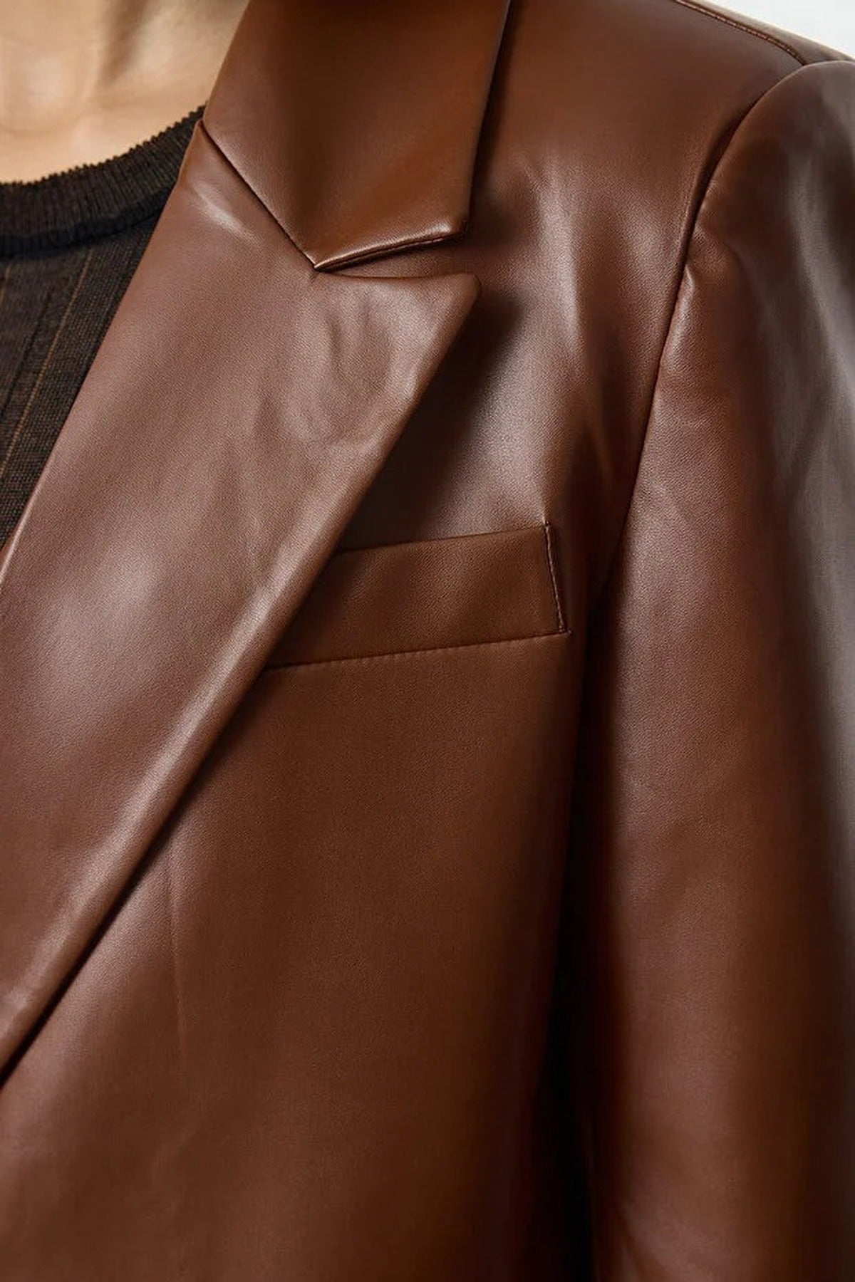 Woven Oversize Faux Leather Blazer Jacket