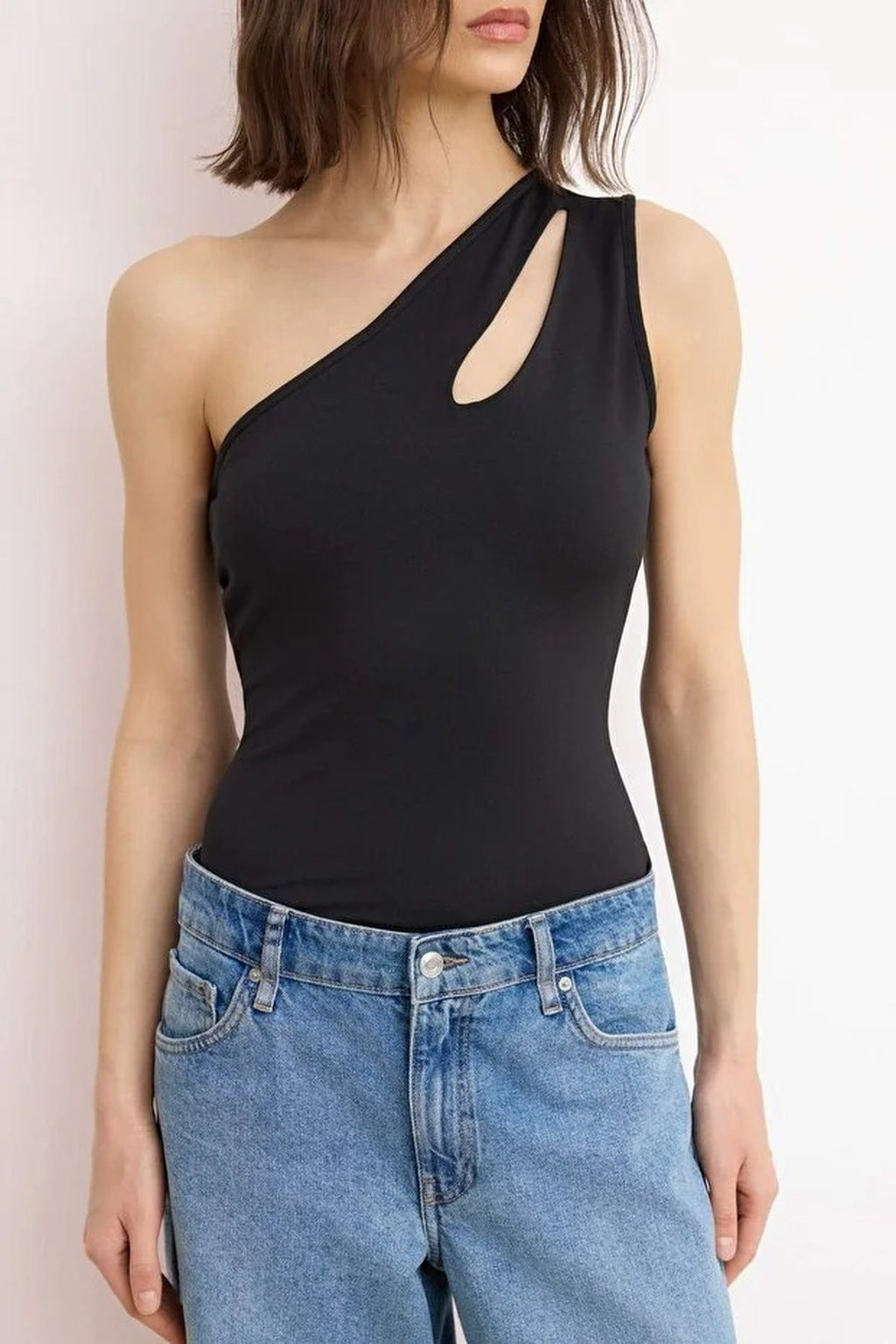 Asymmetric Neckline Cut Out Detail Single Sleeve Fitted Body