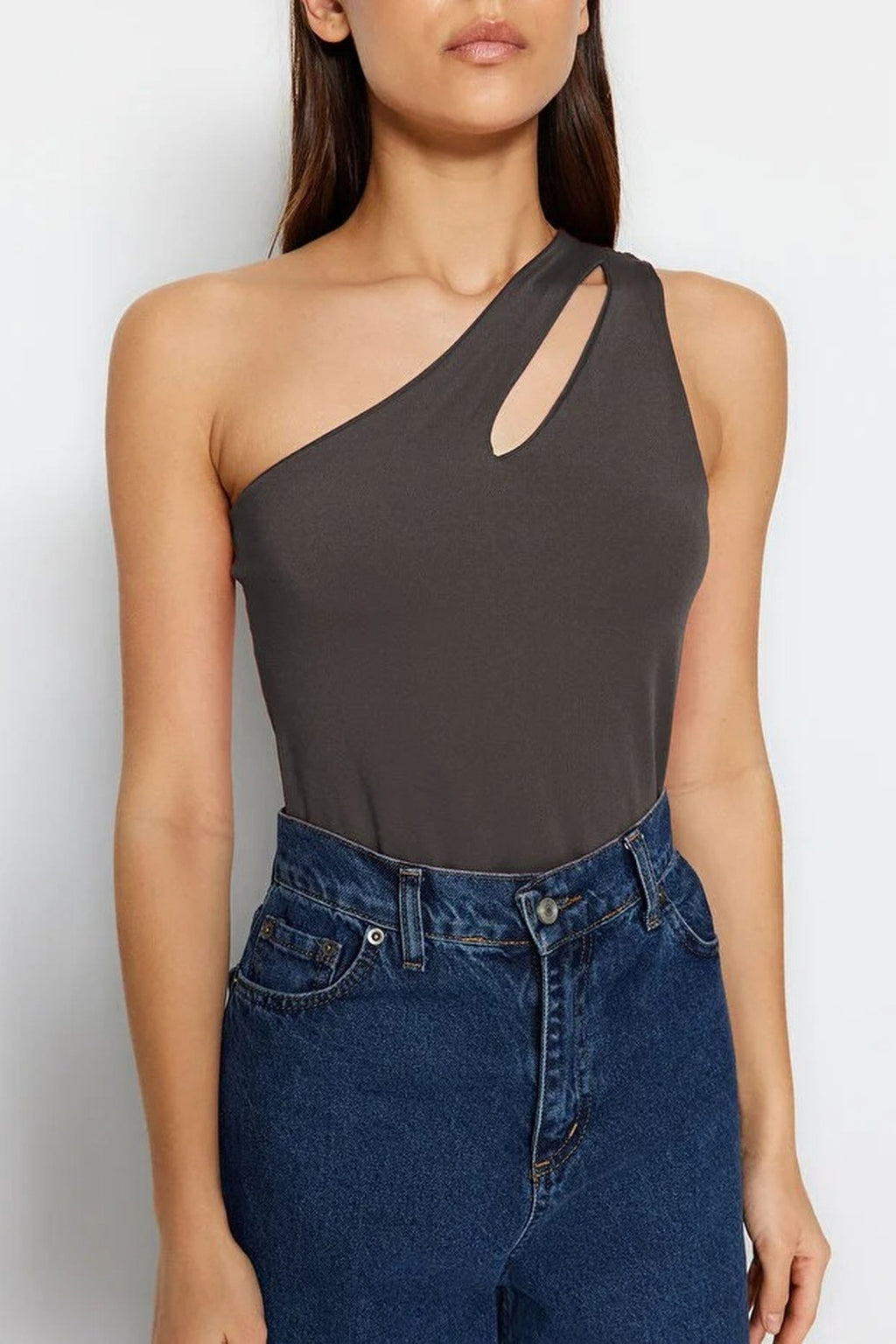 Asymmetric Neckline Cut Out Detail Single Sleeve Fitted Body