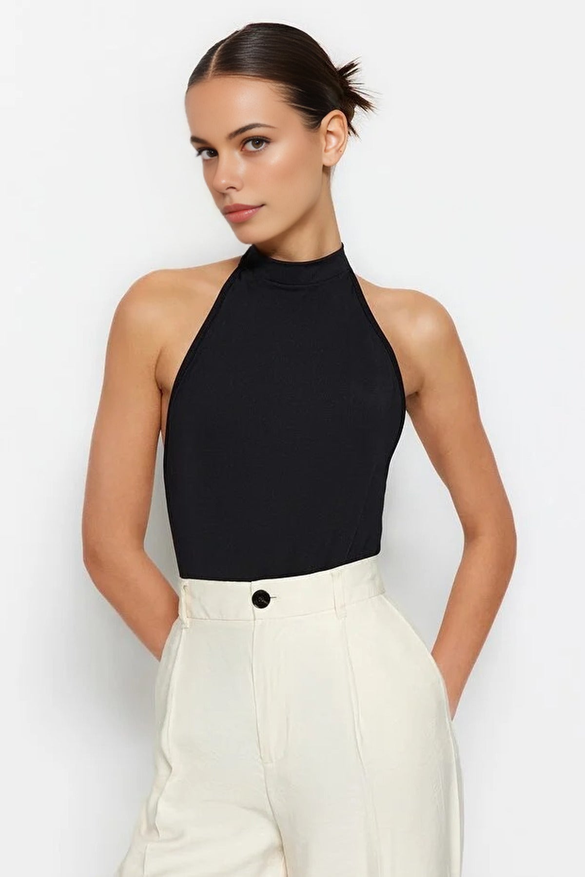 High Neck Backless Stretch Knitted Bodysuit