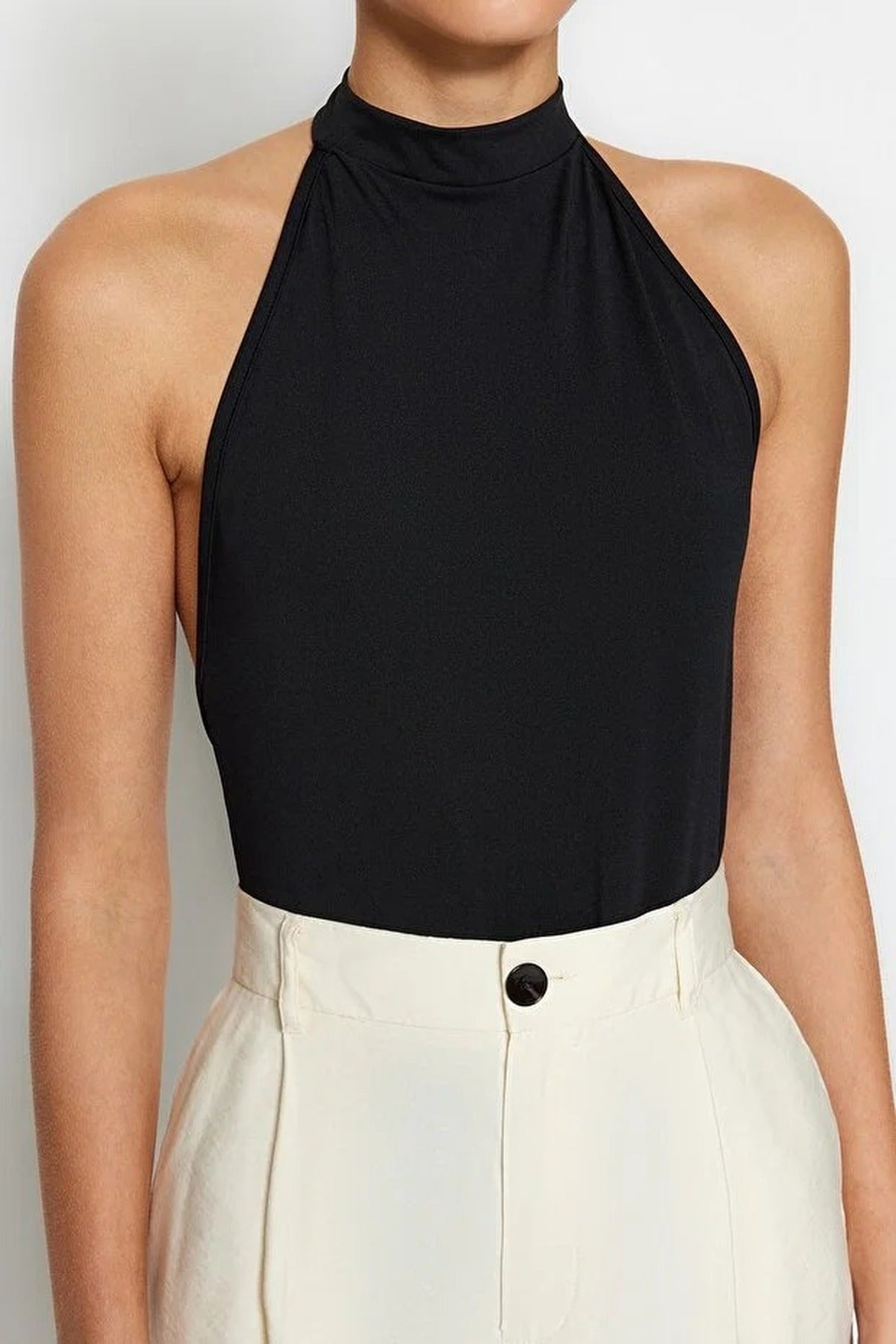High Neck Backless Stretch Knitted Bodysuit