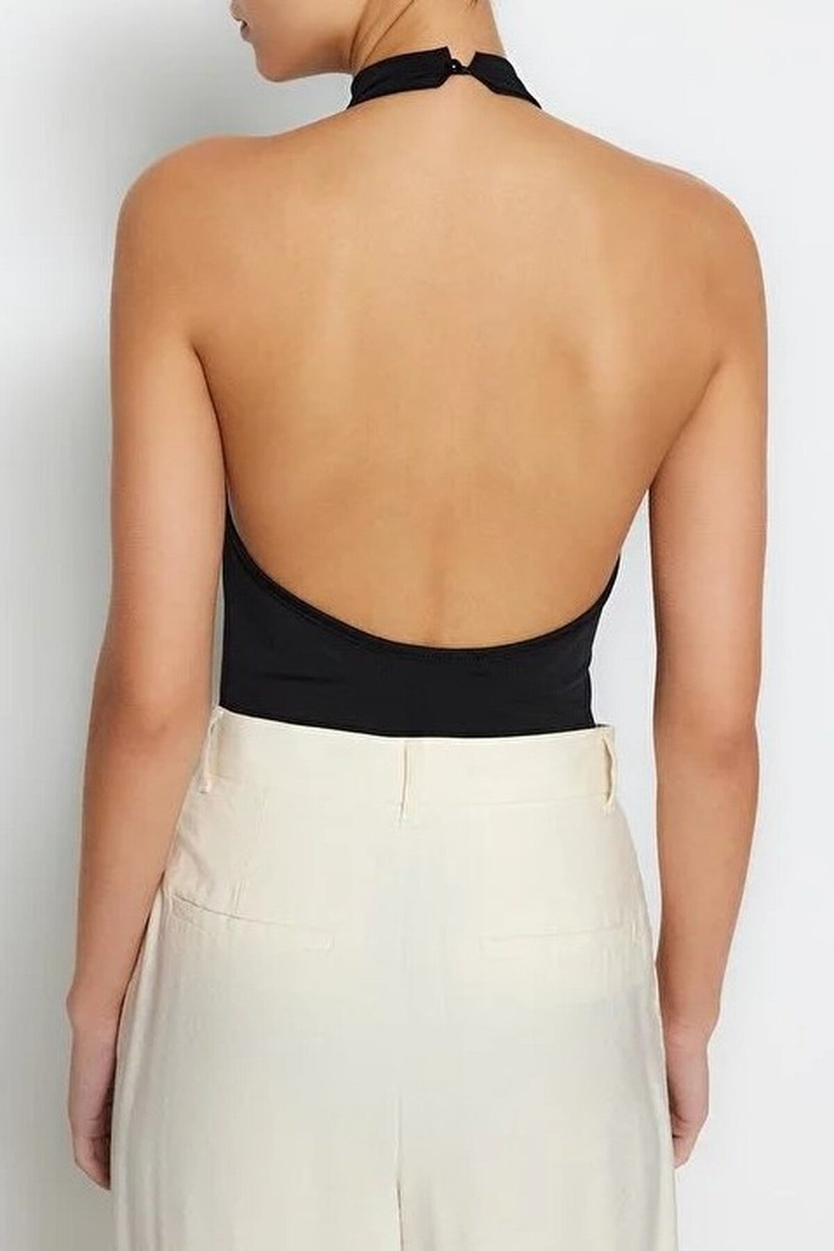 High Neck Backless Stretch Knitted Bodysuit