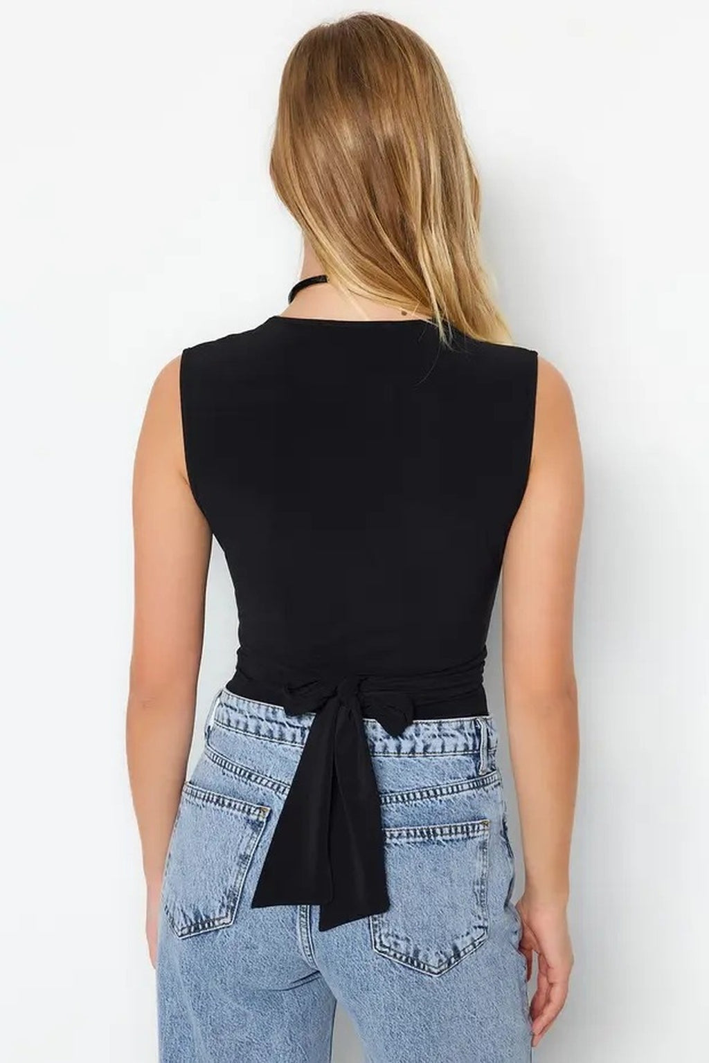 Tie Detail V Neck Fitted Long Sleeve Body