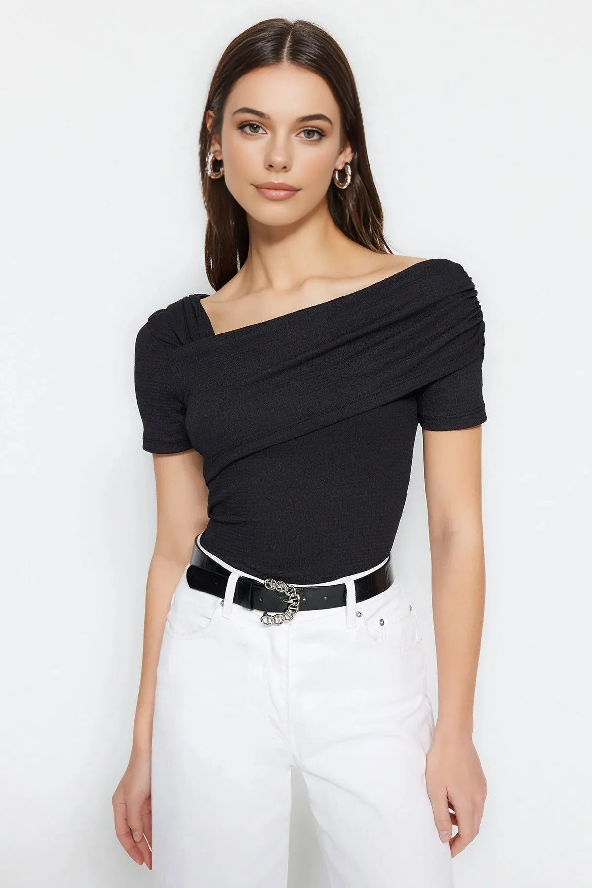Asymmetrical Collar Fitted Snap Button Knitted Bodysuit