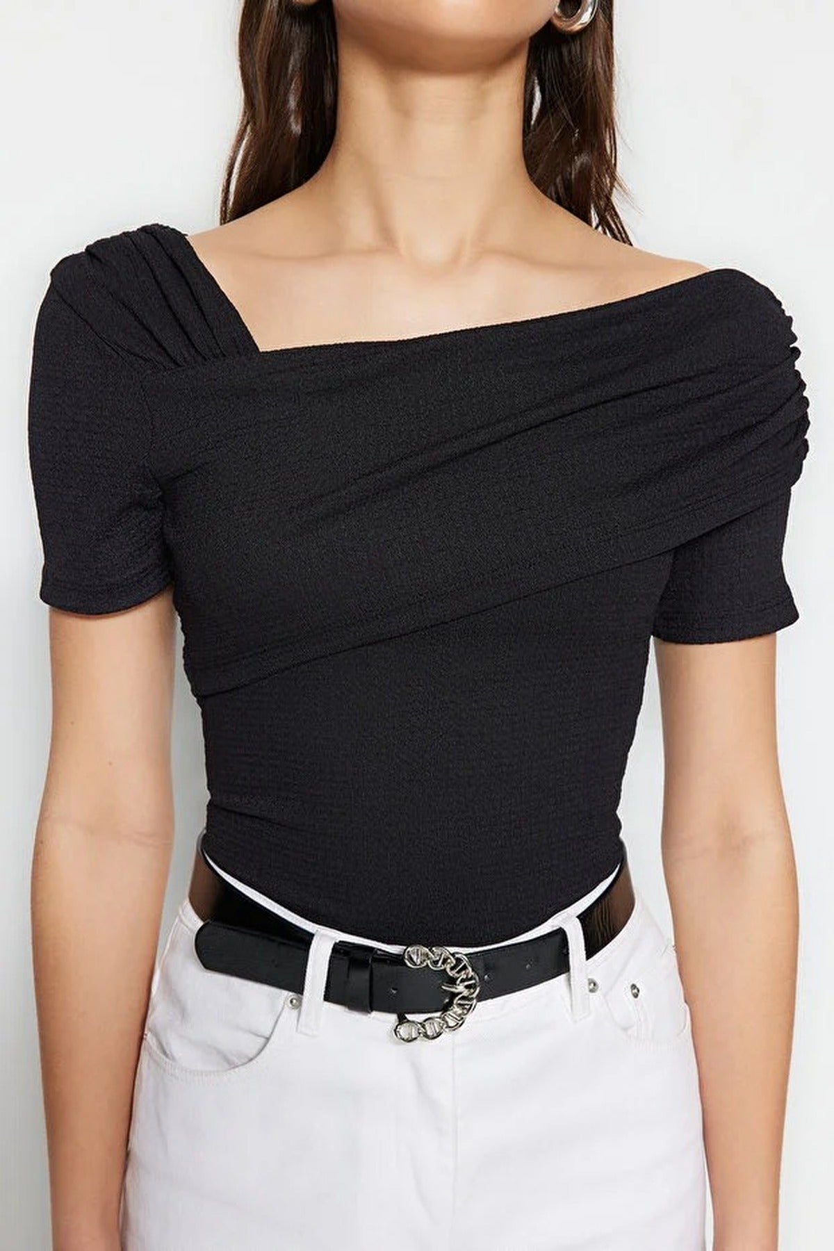Asymmetrical Collar Fitted Snap Button Knitted Bodysuit