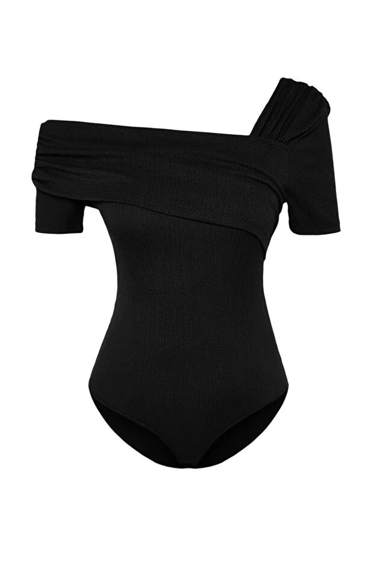 Asymmetrical Collar Fitted Snap Button Knitted Bodysuit