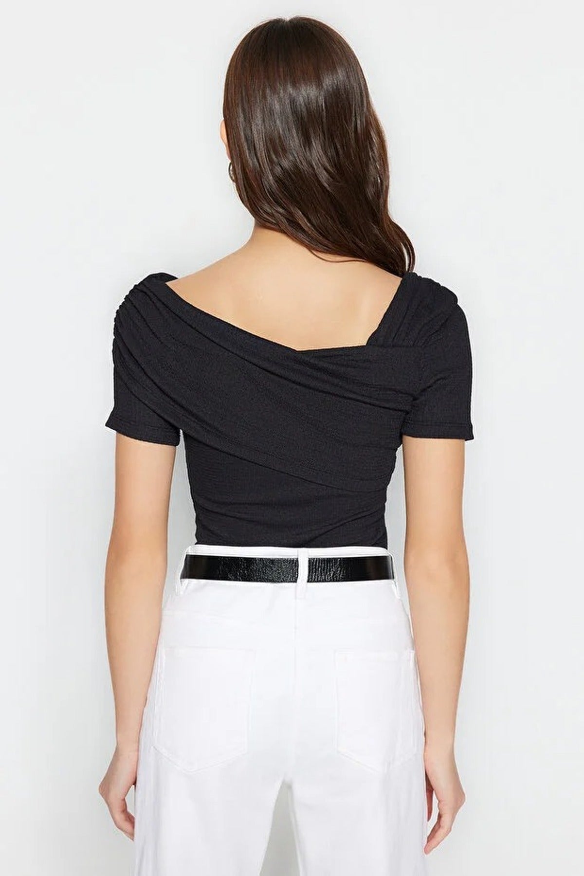 Asymmetrical Collar Fitted Snap Button Knitted Bodysuit