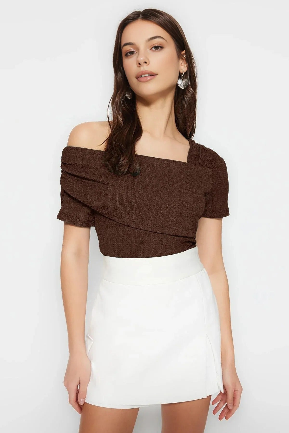 Asymmetrical Collar Fitted Snap Button Knitted Bodysuit