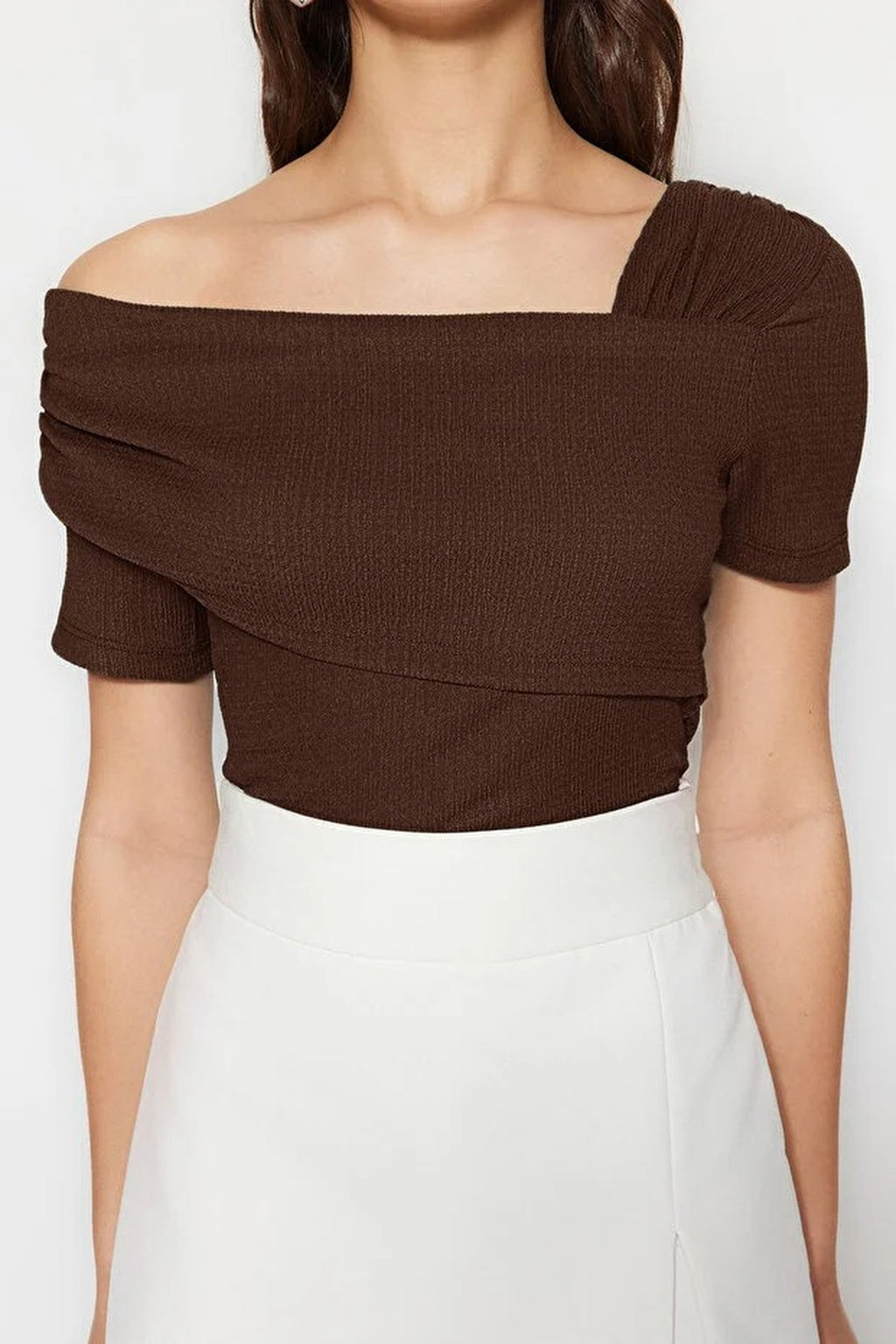 Asymmetrical Collar Fitted Snap Button Knitted Bodysuit