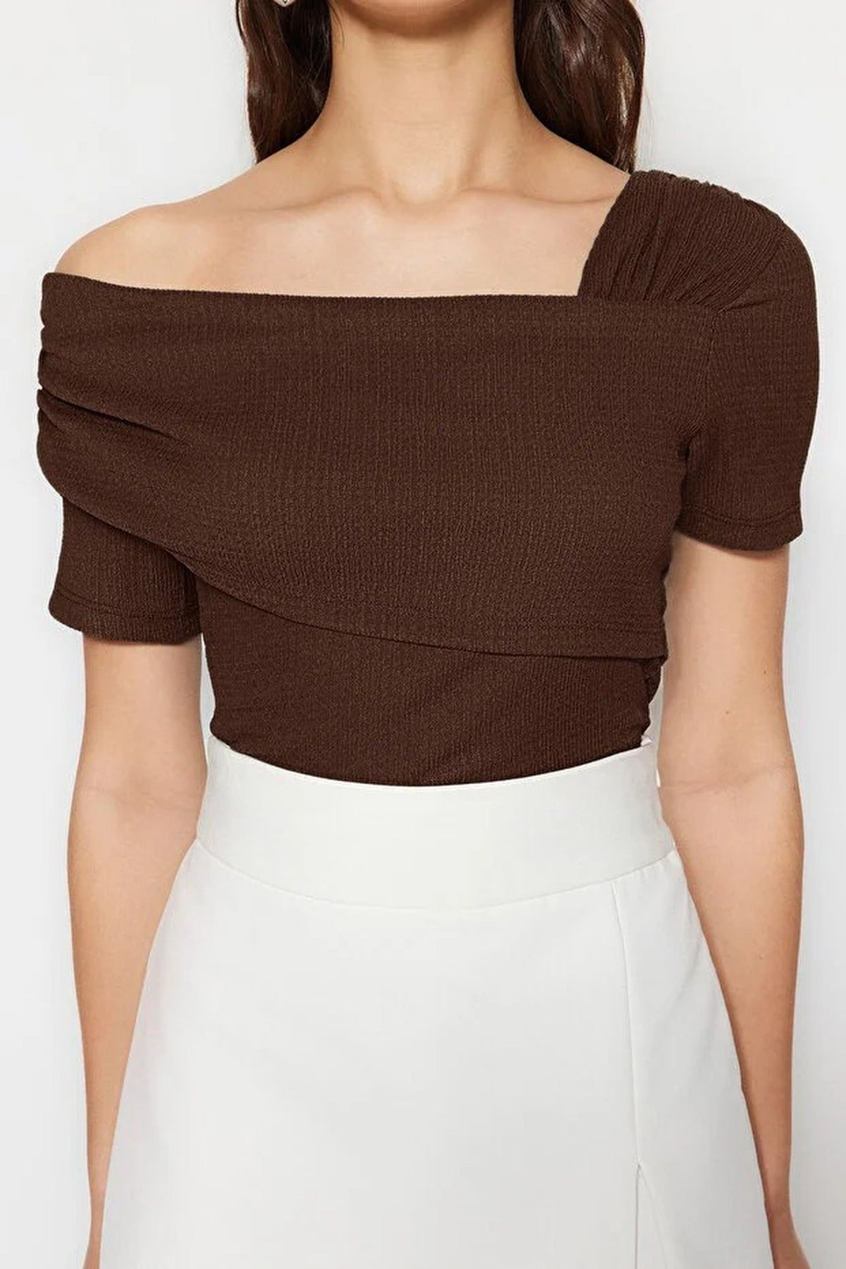 Asymmetrical Collar Fitted Snap Button Knitted Bodysuit