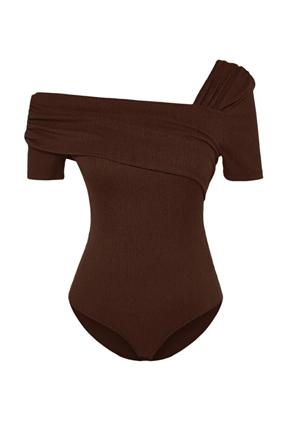 Asymmetrical Collar Fitted Snap Button Knitted Bodysuit