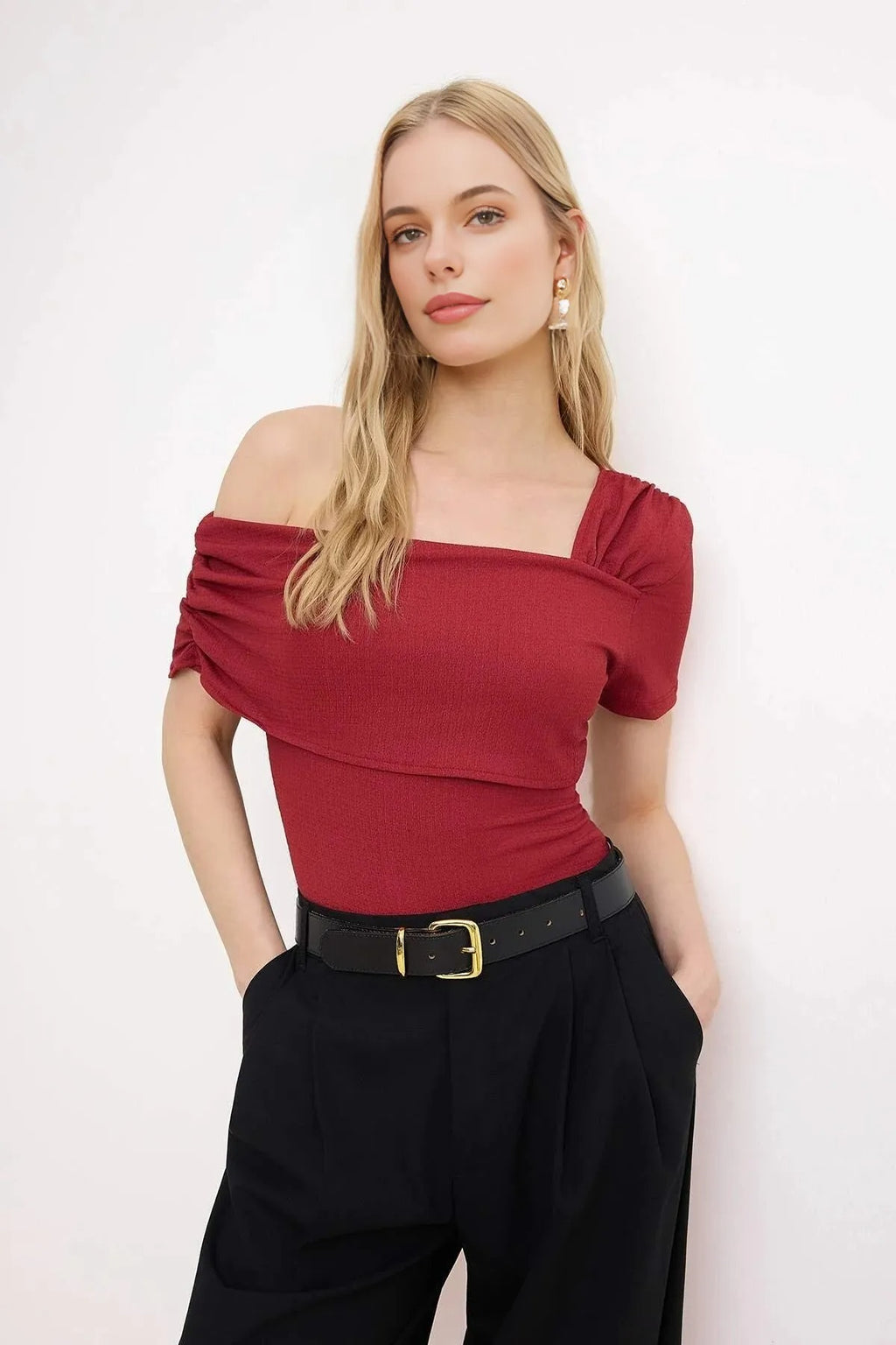 Asymmetrical Collar Fitted Snap Button Knitted Bodysuit