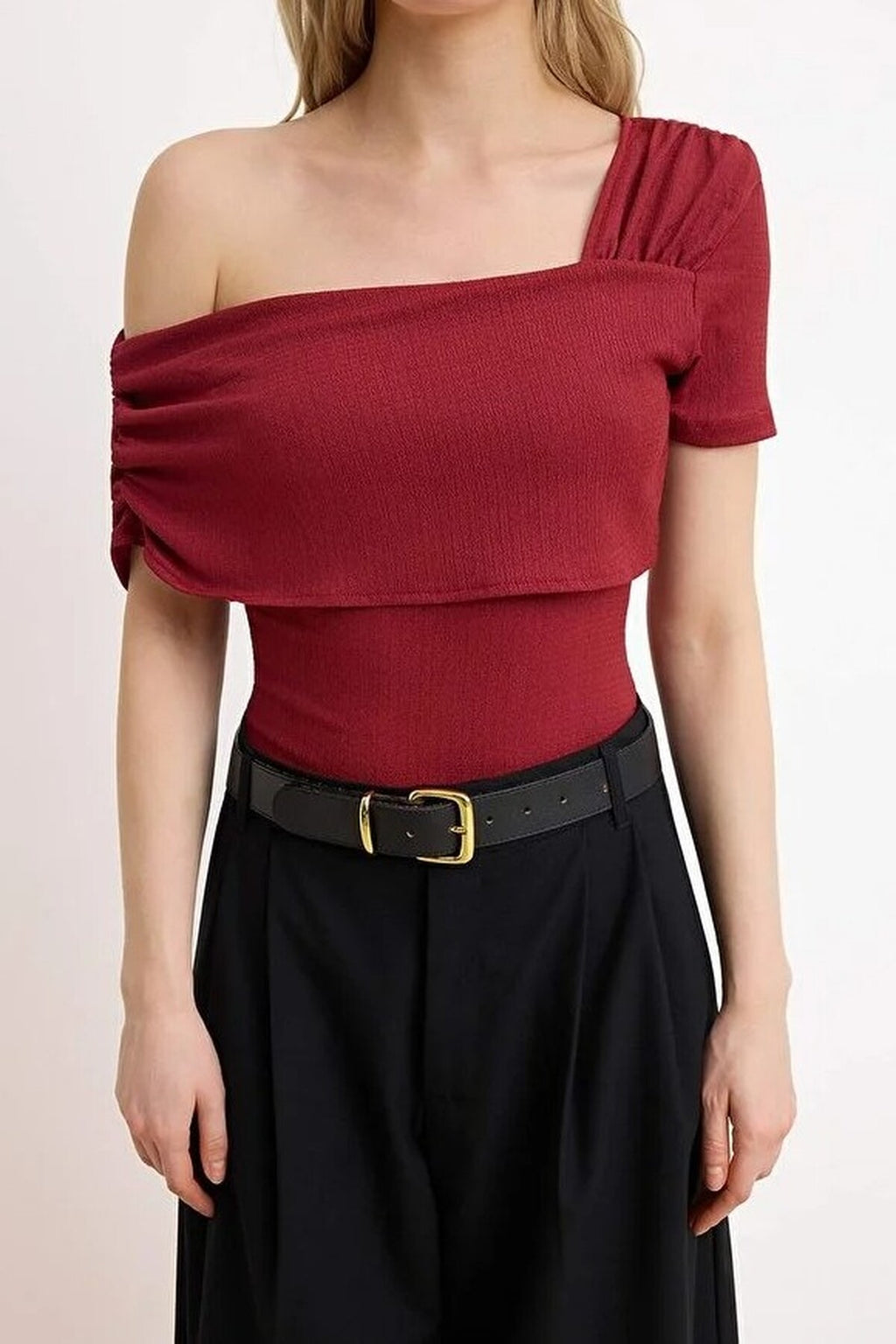 Asymmetrical Collar Fitted Snap Button Knitted Bodysuit