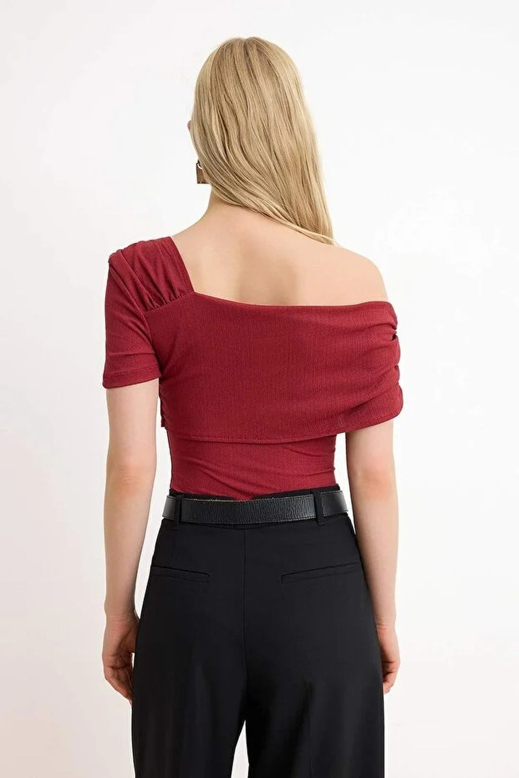 Asymmetrical Collar Fitted Snap Button Knitted Bodysuit
