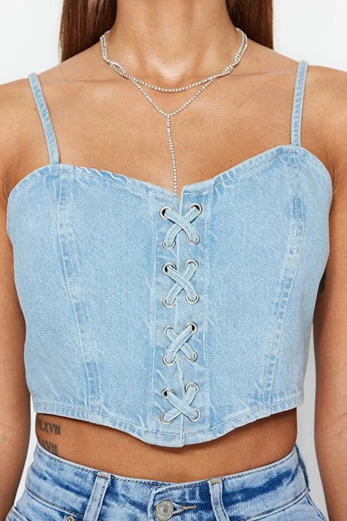 Tie-Detail Sweetheart Neckline Fitted Crop Denim Bustier