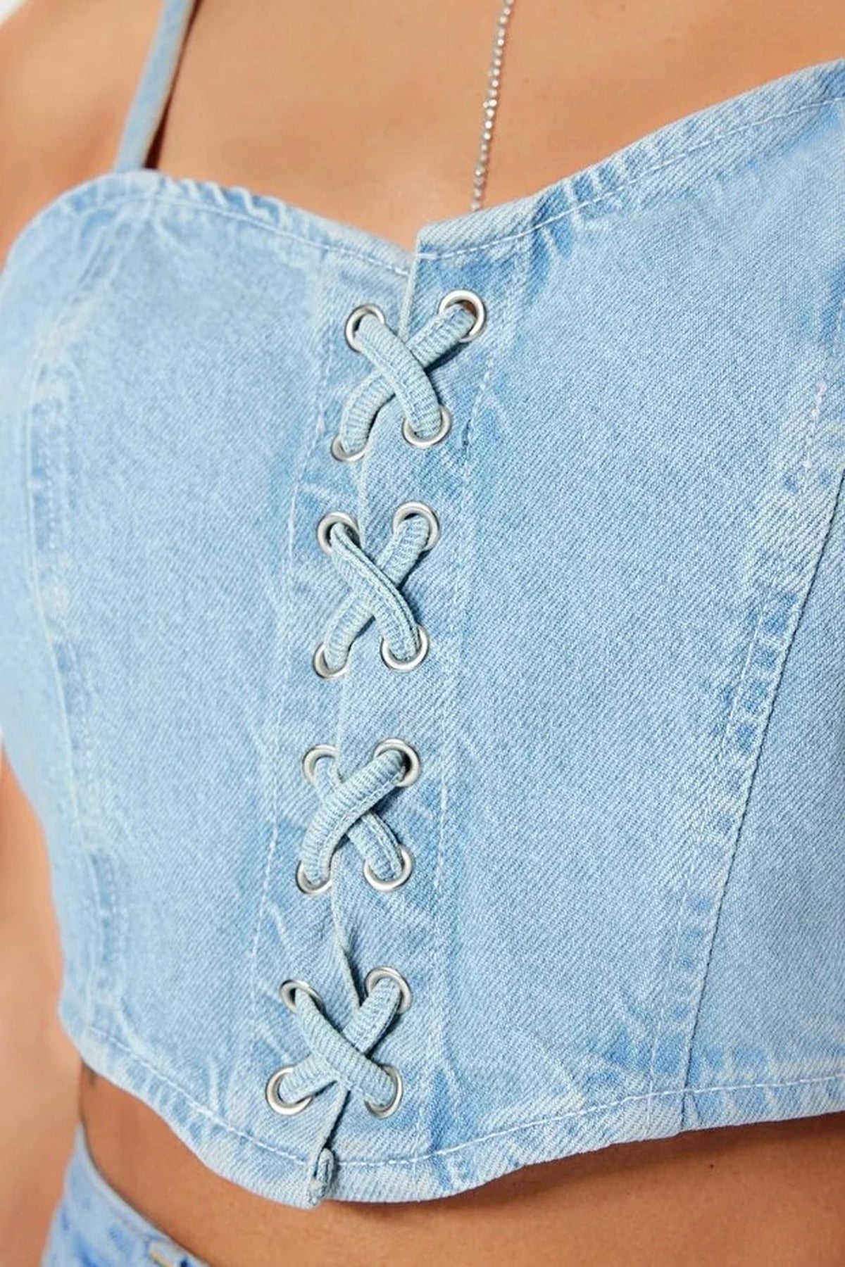 Tie-Detail Sweetheart Neckline Fitted Crop Denim Bustier