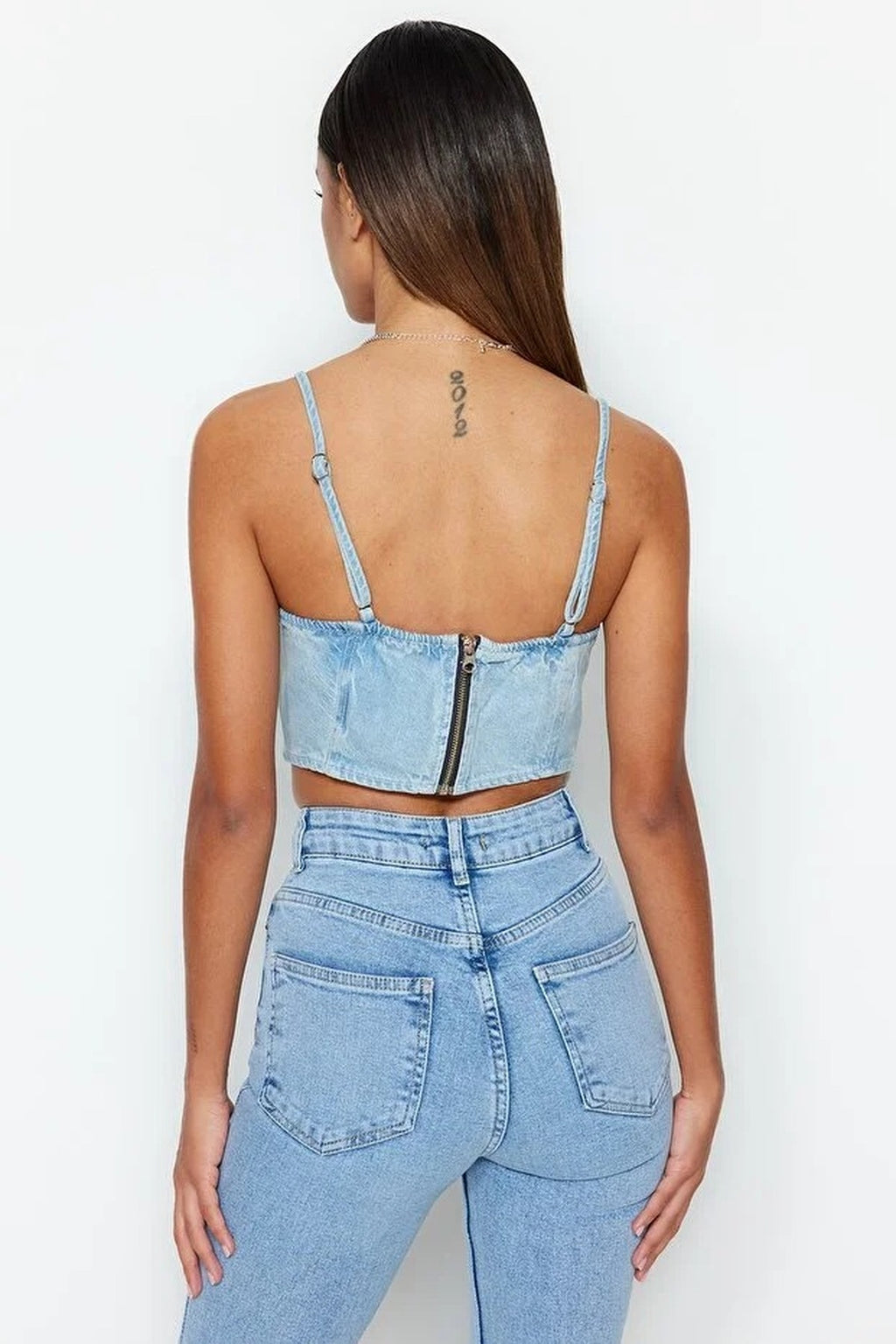 Tie-Detail Sweetheart Neckline Fitted Crop Denim Bustier