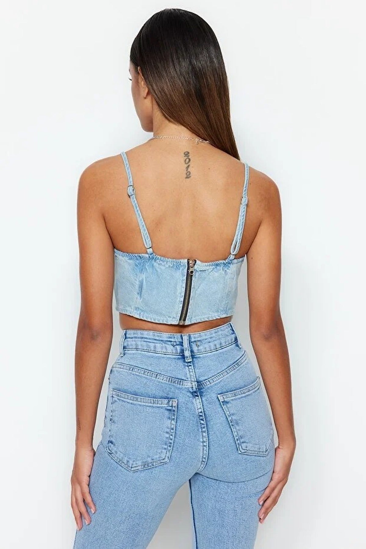 Tie-Detail Sweetheart Neckline Fitted Crop Denim Bustier