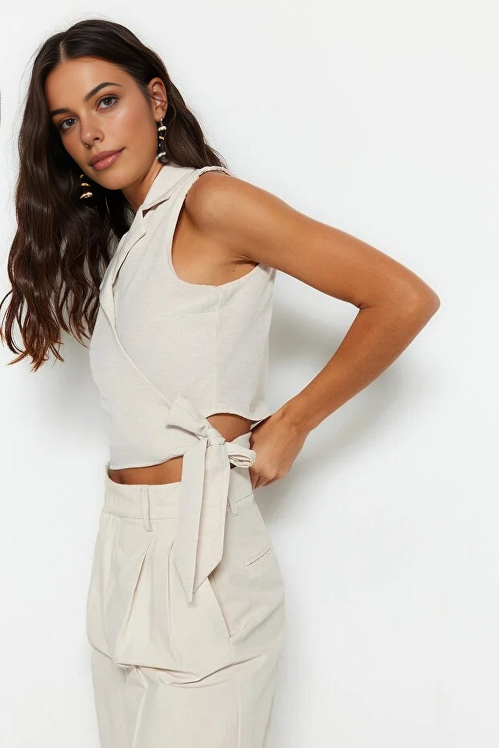 Tie-Up Crop Woven Linen-Look Blouse