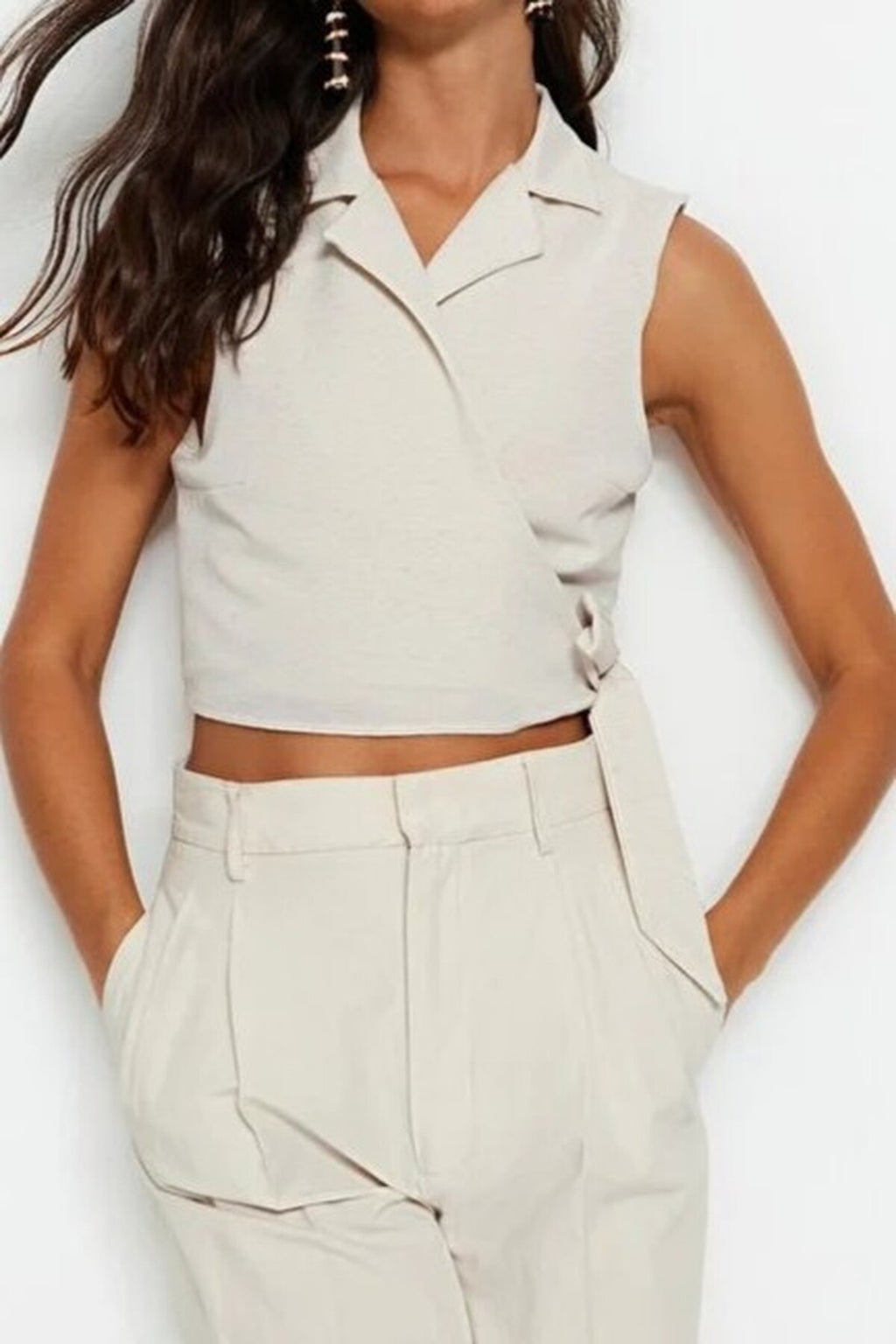 Tie-Up Crop Woven Linen-Look Blouse