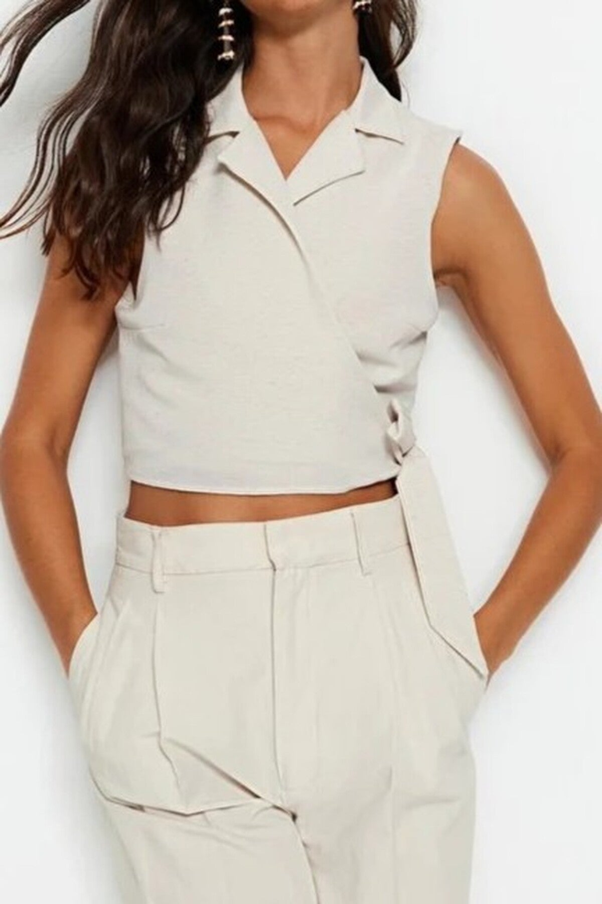 Tie-Up Crop Woven Linen-Look Blouse