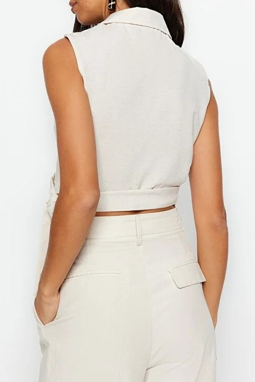 Tie-Up Crop Woven Linen-Look Blouse