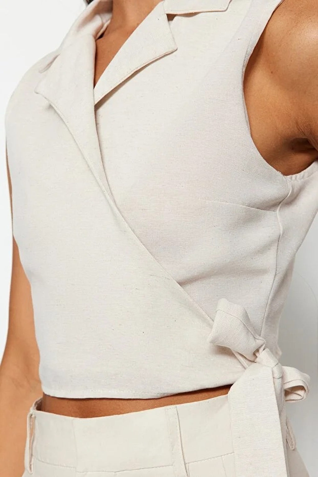 Tie-Up Crop Woven Linen-Look Blouse