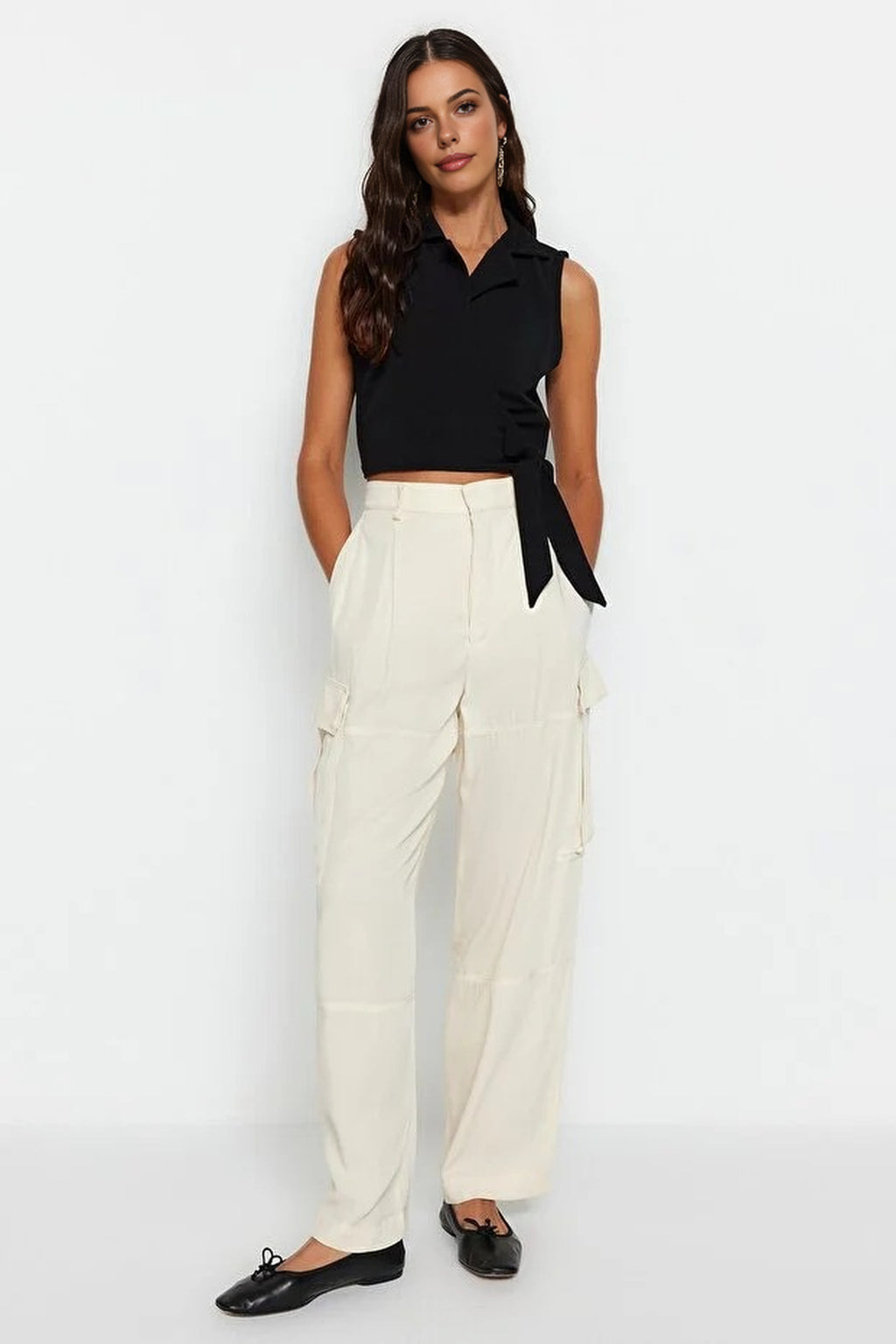 Tie-Up Crop Woven Linen-Look Blouse