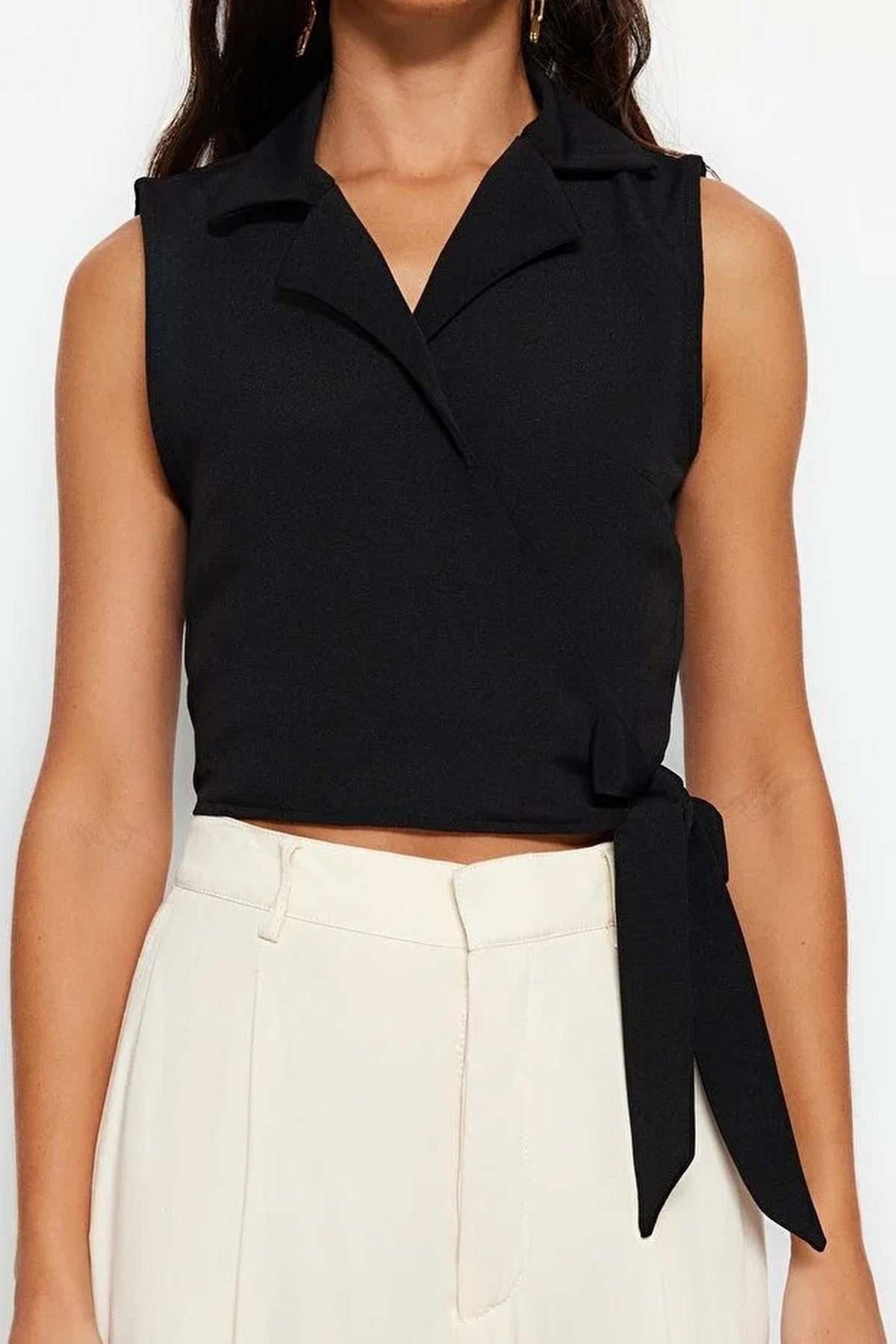 Tie-Up Crop Woven Linen-Look Blouse