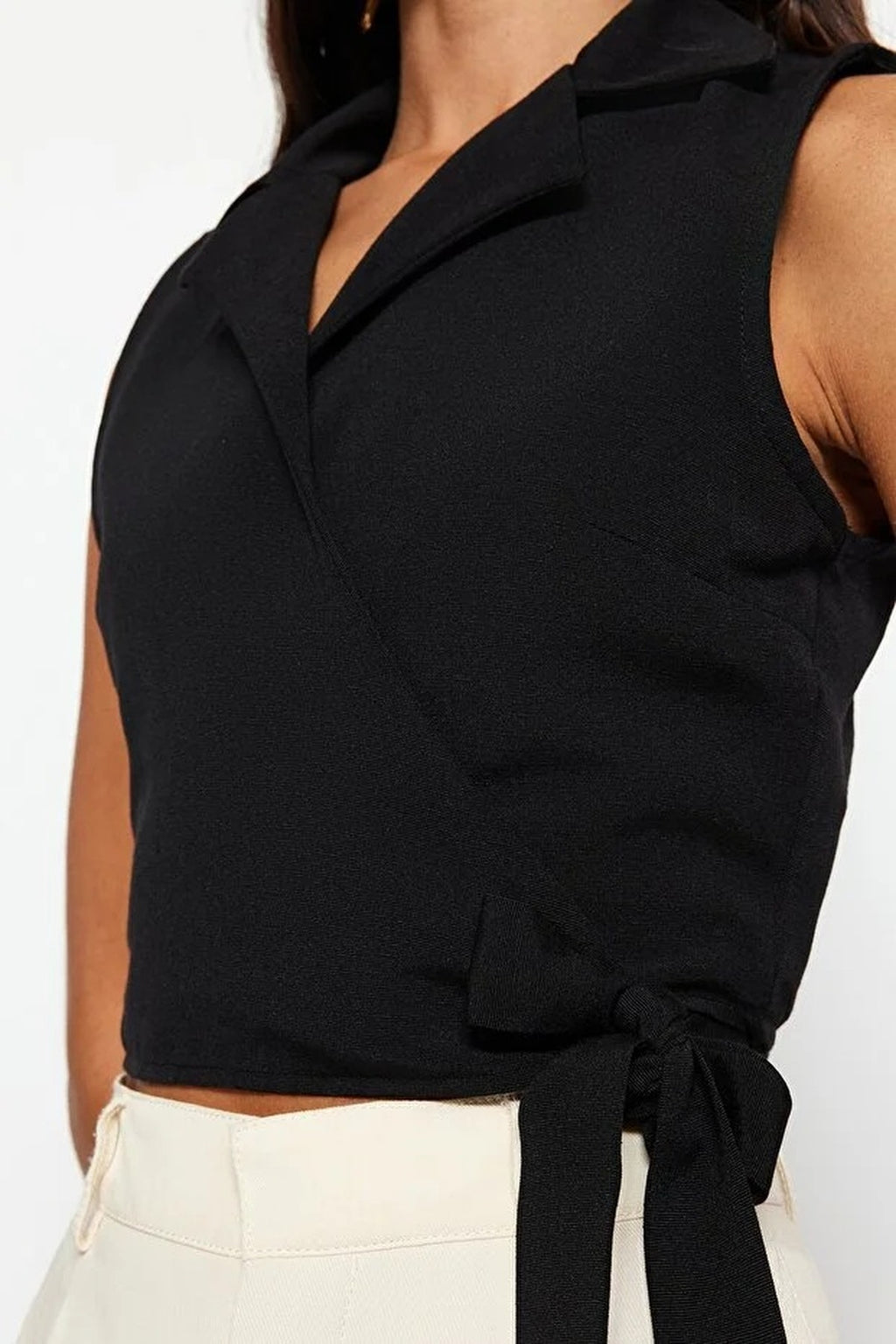 Tie-Up Crop Woven Linen-Look Blouse