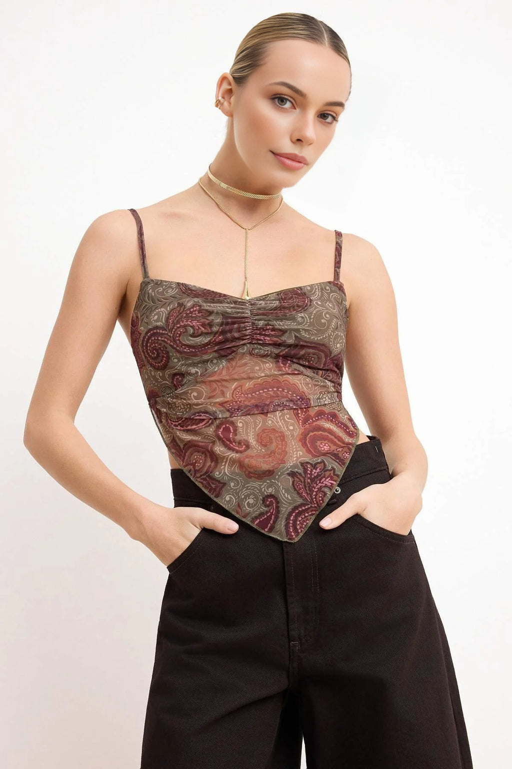 Patterned Strappy Draped Tulle Blouse