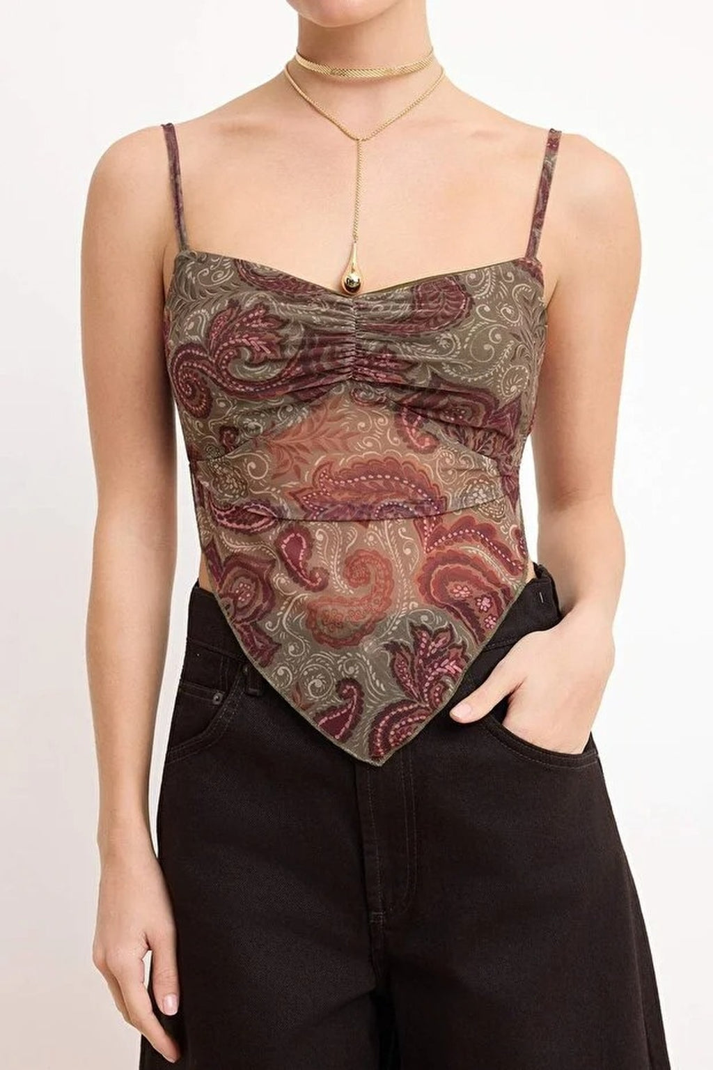 Patterned Strappy Draped Tulle Blouse