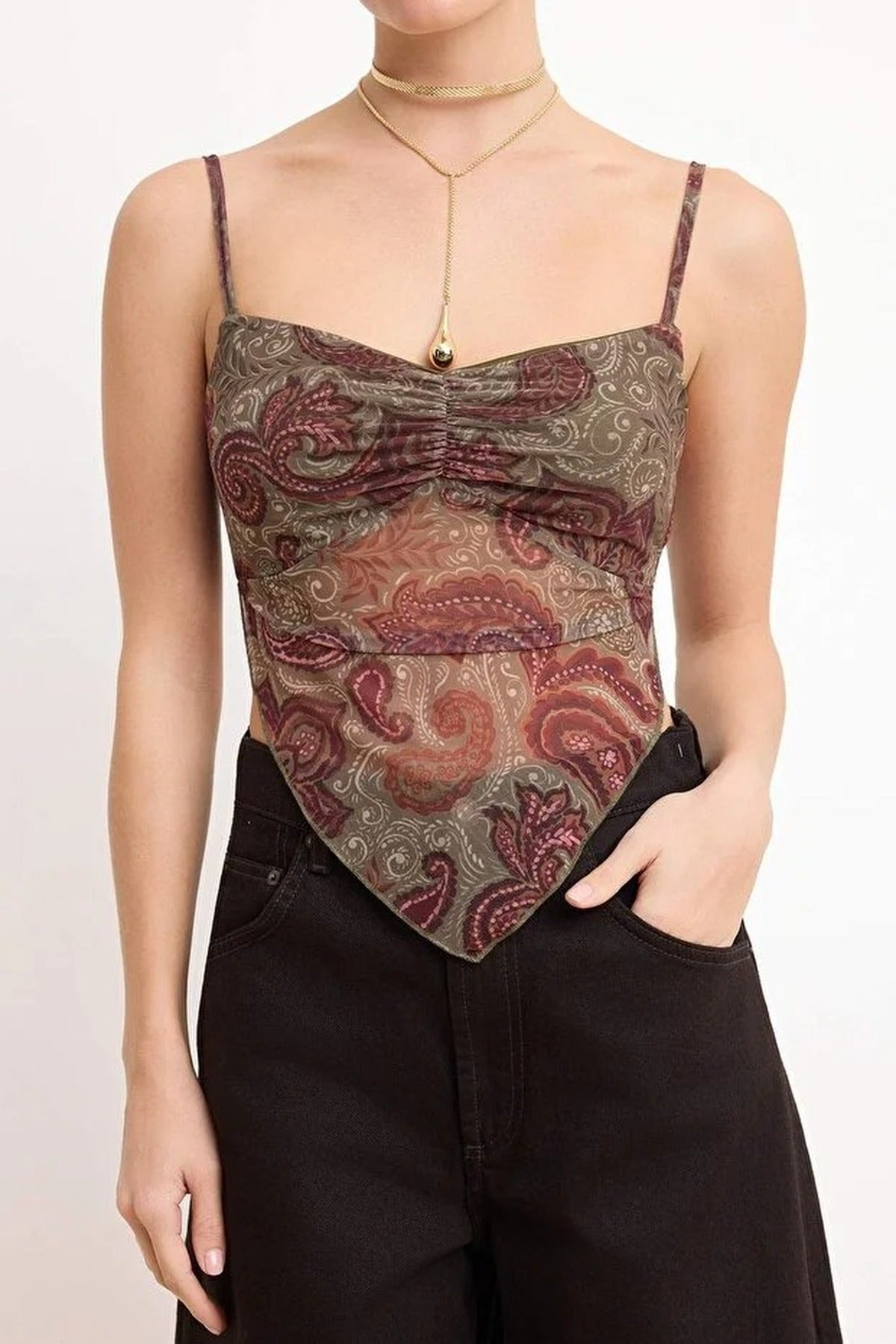 Patterned Strappy Draped Tulle Blouse