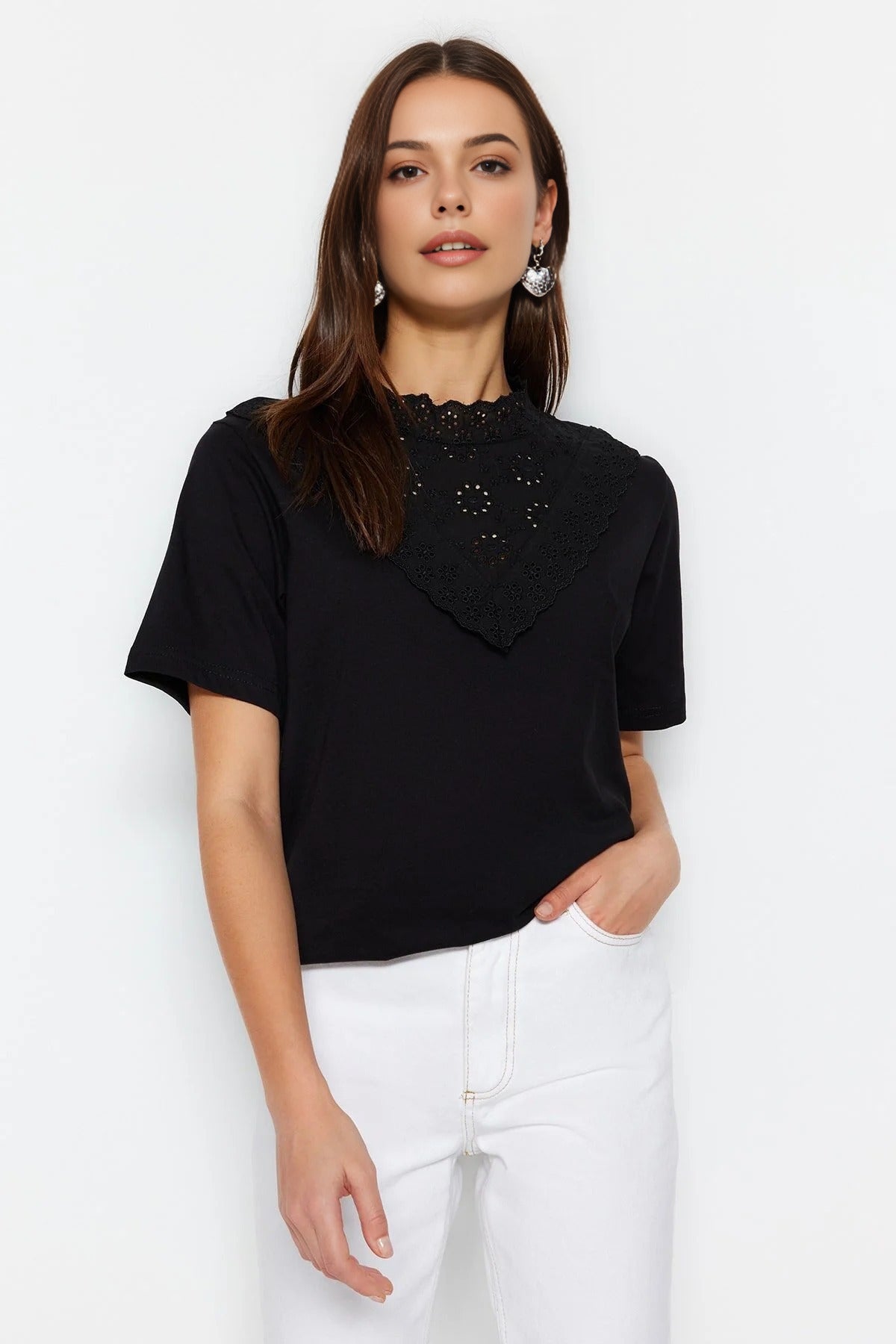 Embroidered High Neck Basic Regular Fit Cotton Knit Blouse