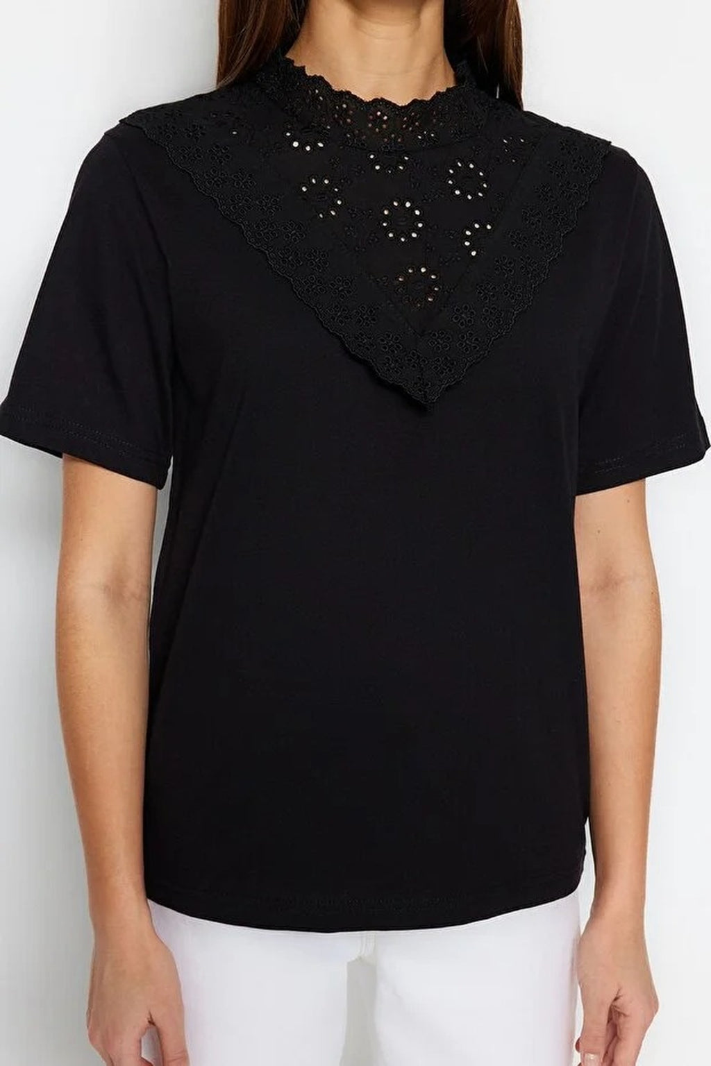 Embroidered High Neck Basic Regular Fit Cotton Knit Blouse