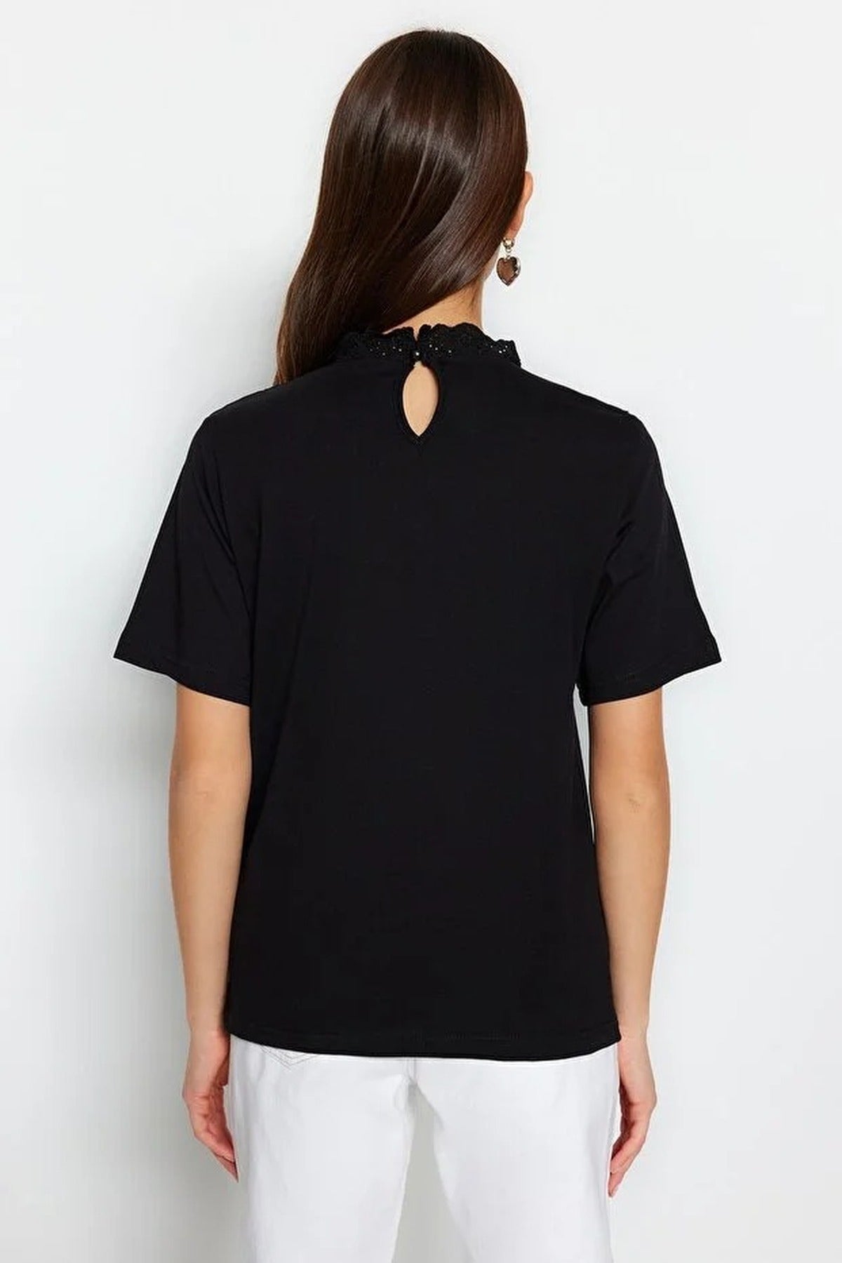 Embroidered High Neck Basic Regular Fit Cotton Knit Blouse