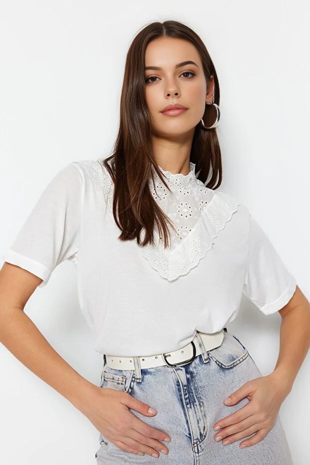 Embroidered High Neck Basic Regular Fit Cotton Knit Blouse