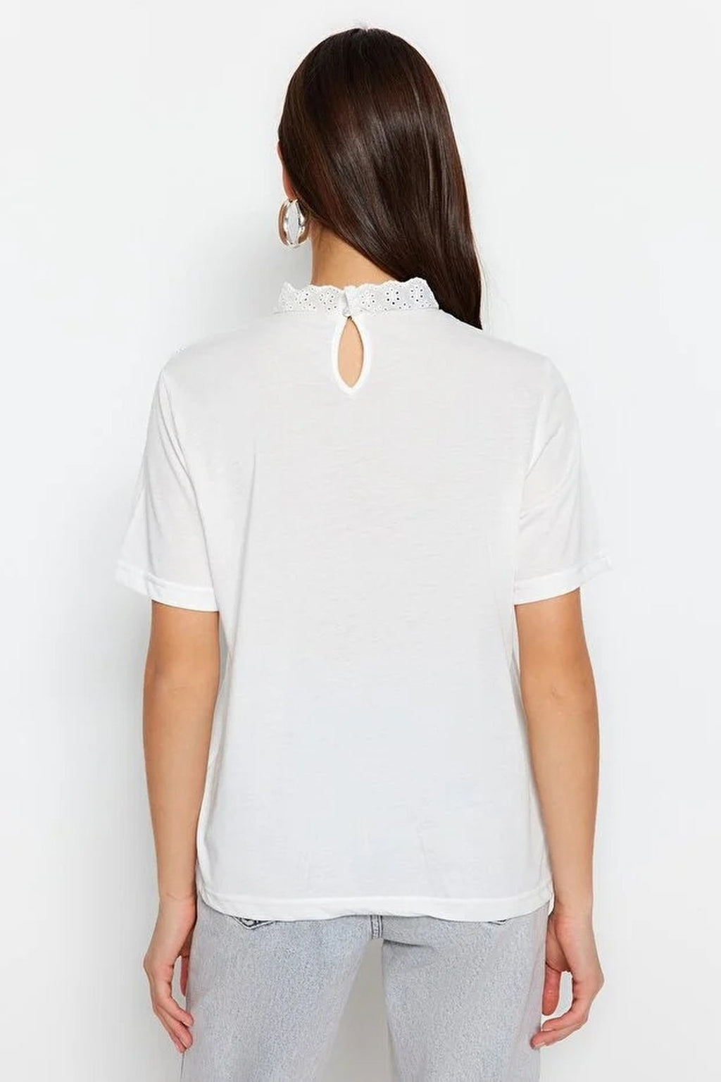 Embroidered High Neck Basic Regular Fit Cotton Knit Blouse