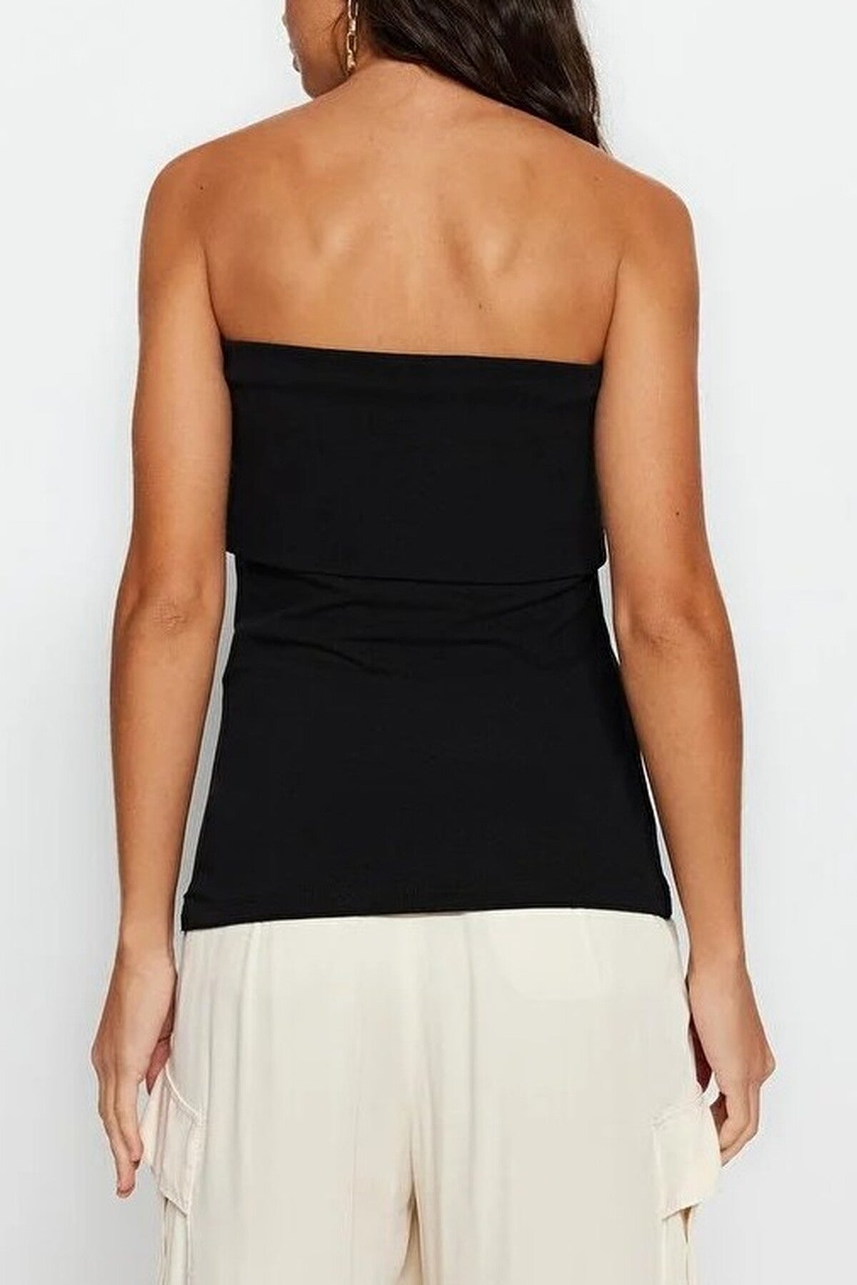 Strapless Neckline Side Zipper Crepe Knit Blouse
