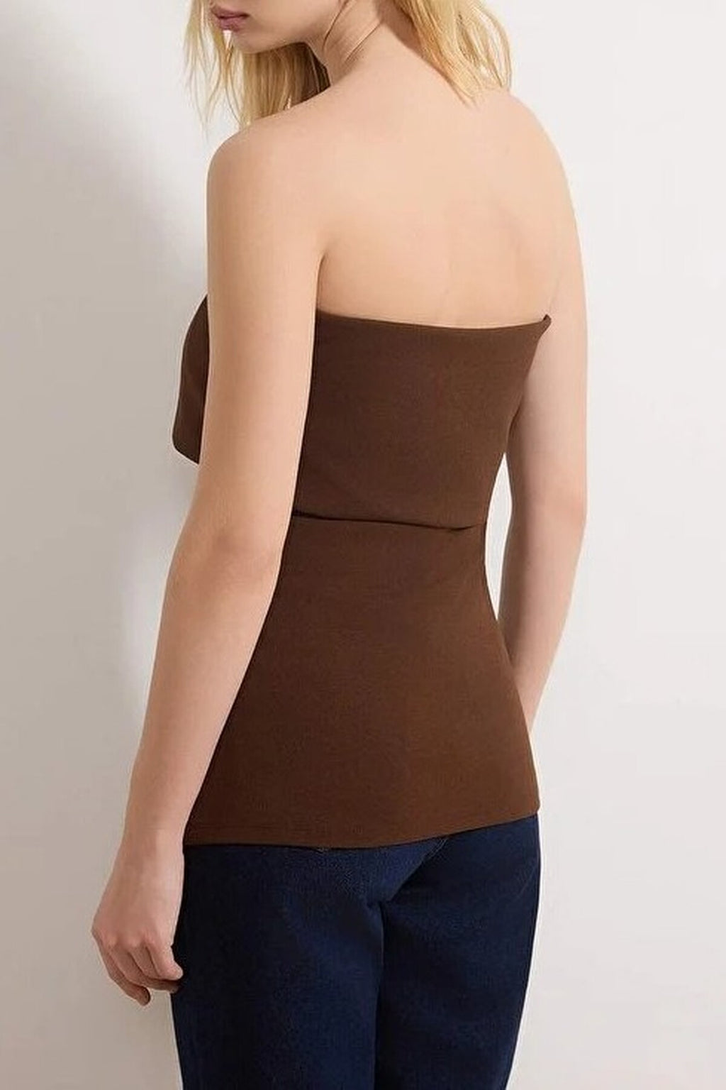 Strapless Neckline Side Zipper Crepe Knit Blouse