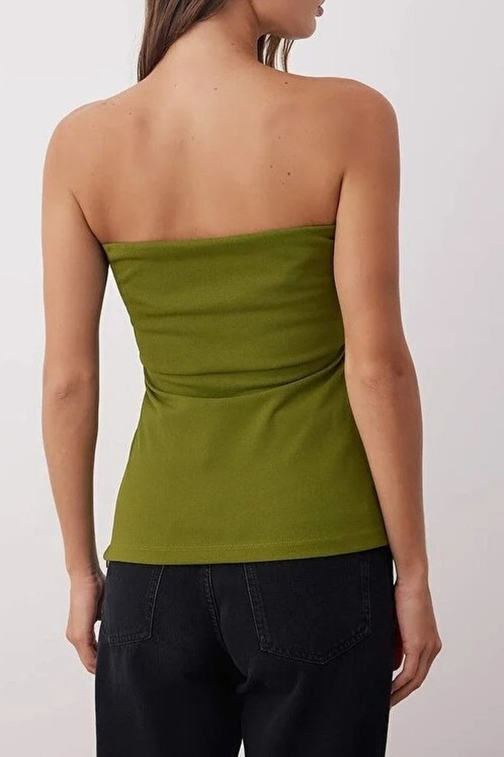 Strapless Neckline Side Zipper Crepe Knit Blouse